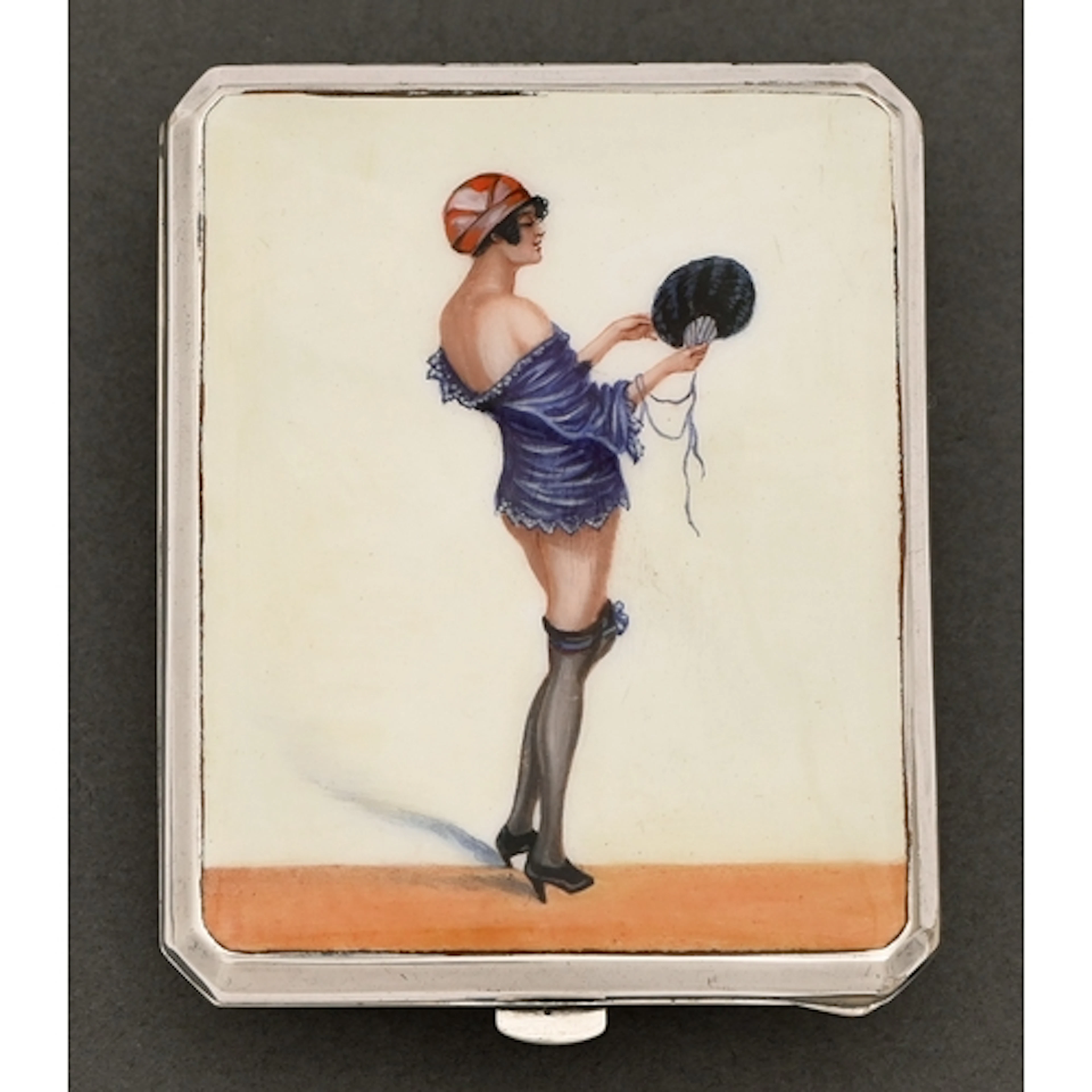 A Continental painted enamel and plated metal cigarette case...