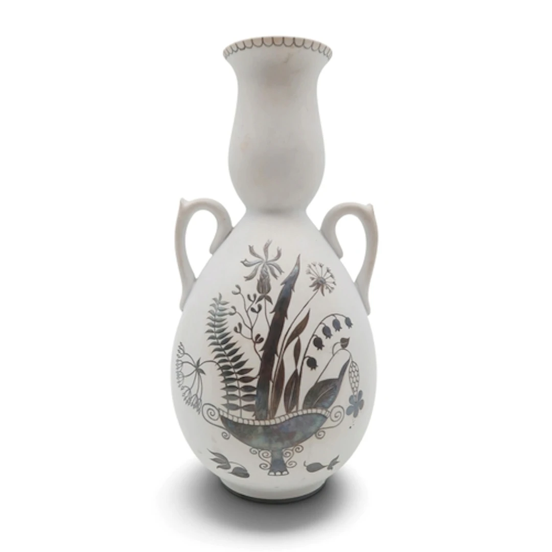 A Gustavsberg Grazia two handled vase, the white glazed body...