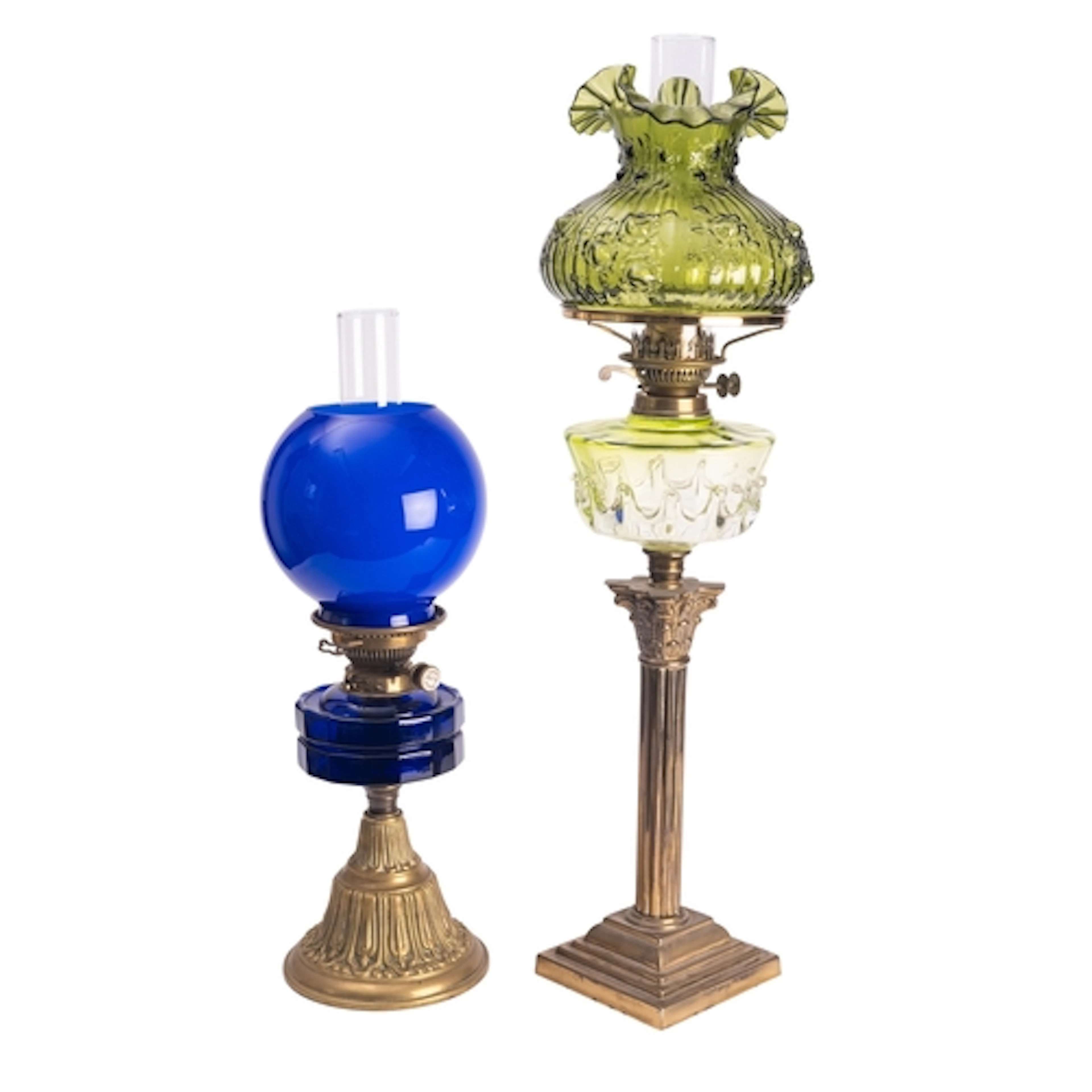A brass and green-tinted glass columnar table oil lamp, earl...