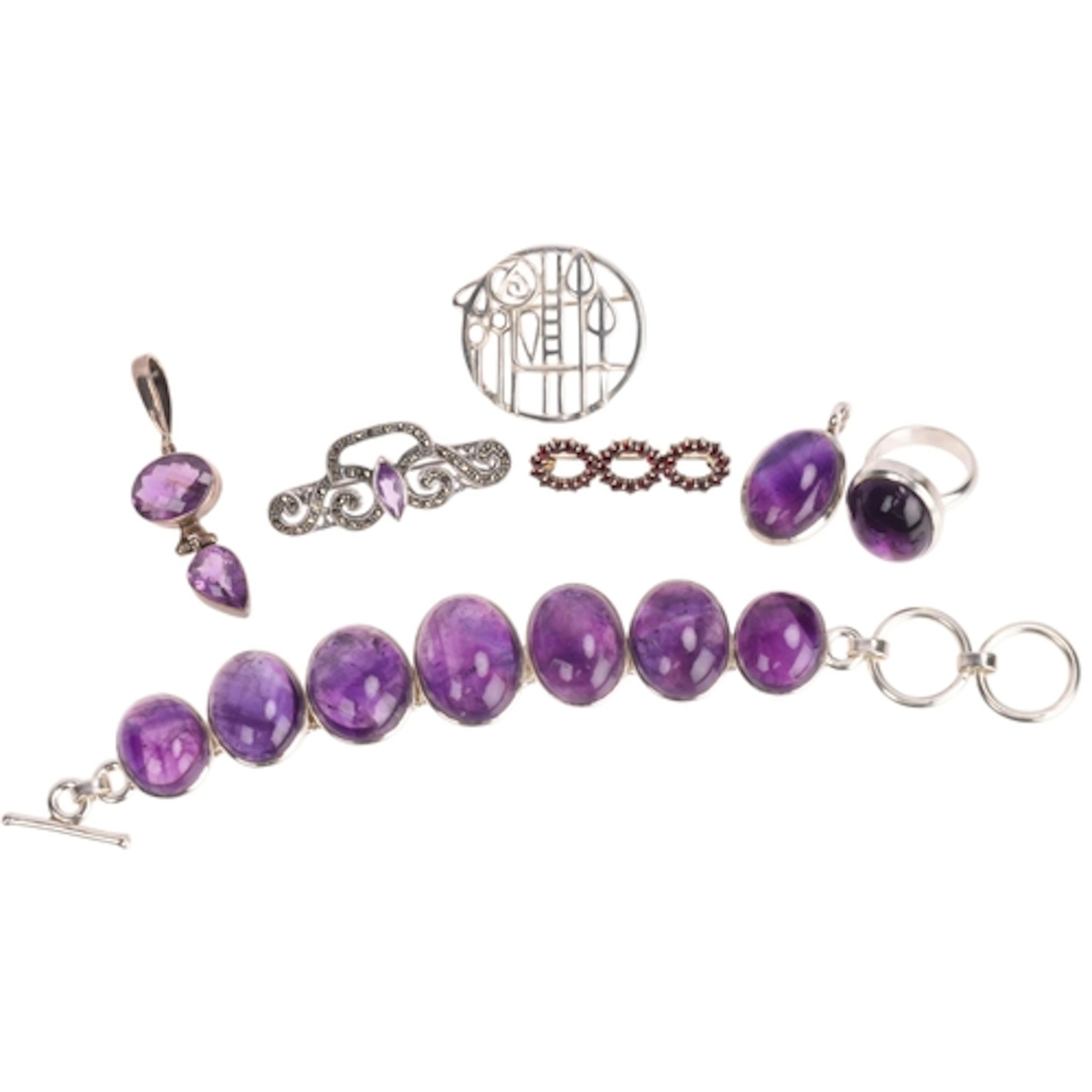 Various silver jewellery, including heavy amethyst panel bra...