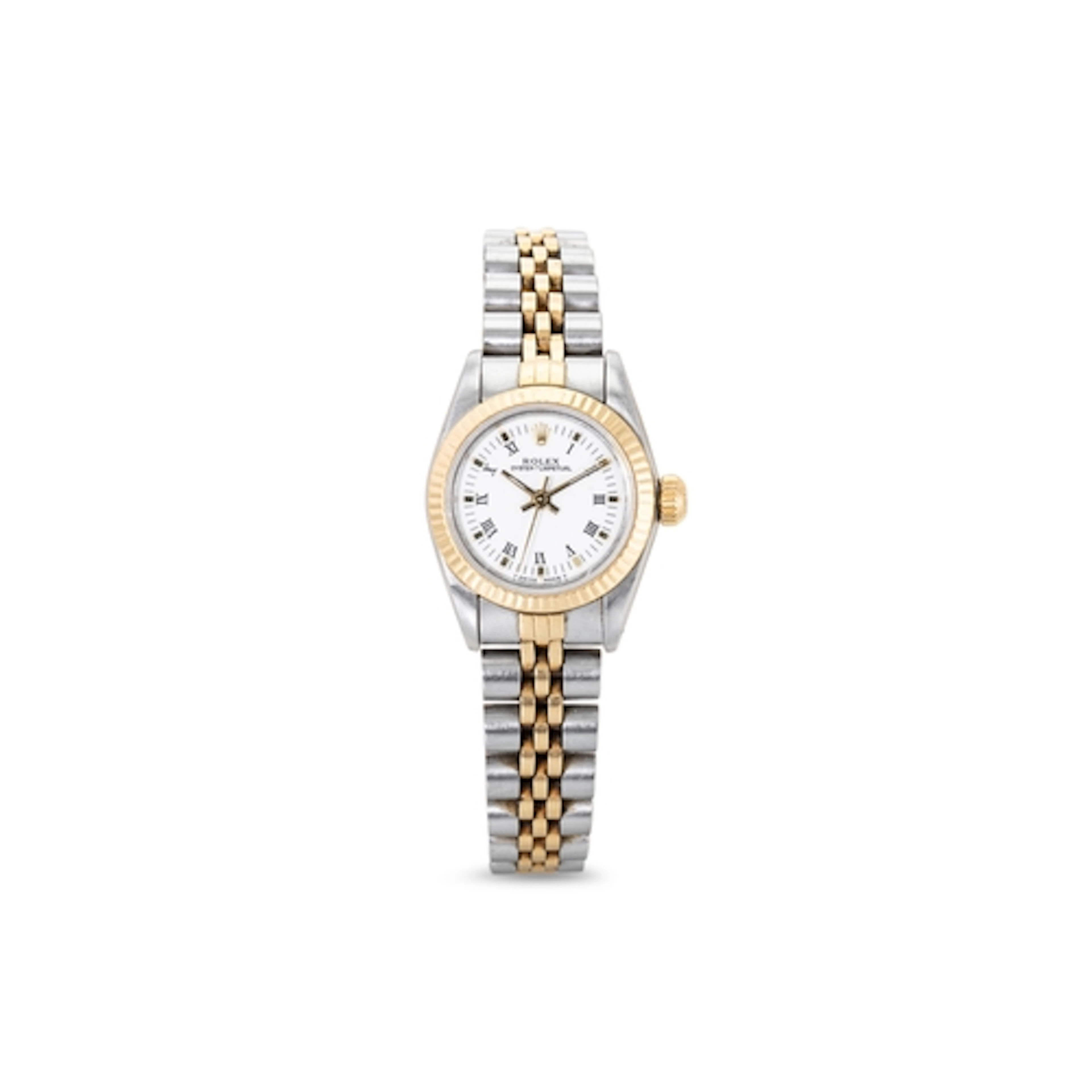 A LADY'S ROLEX OYSTER PERPETUAL BI-METAL WRIST WATCH, white ...
