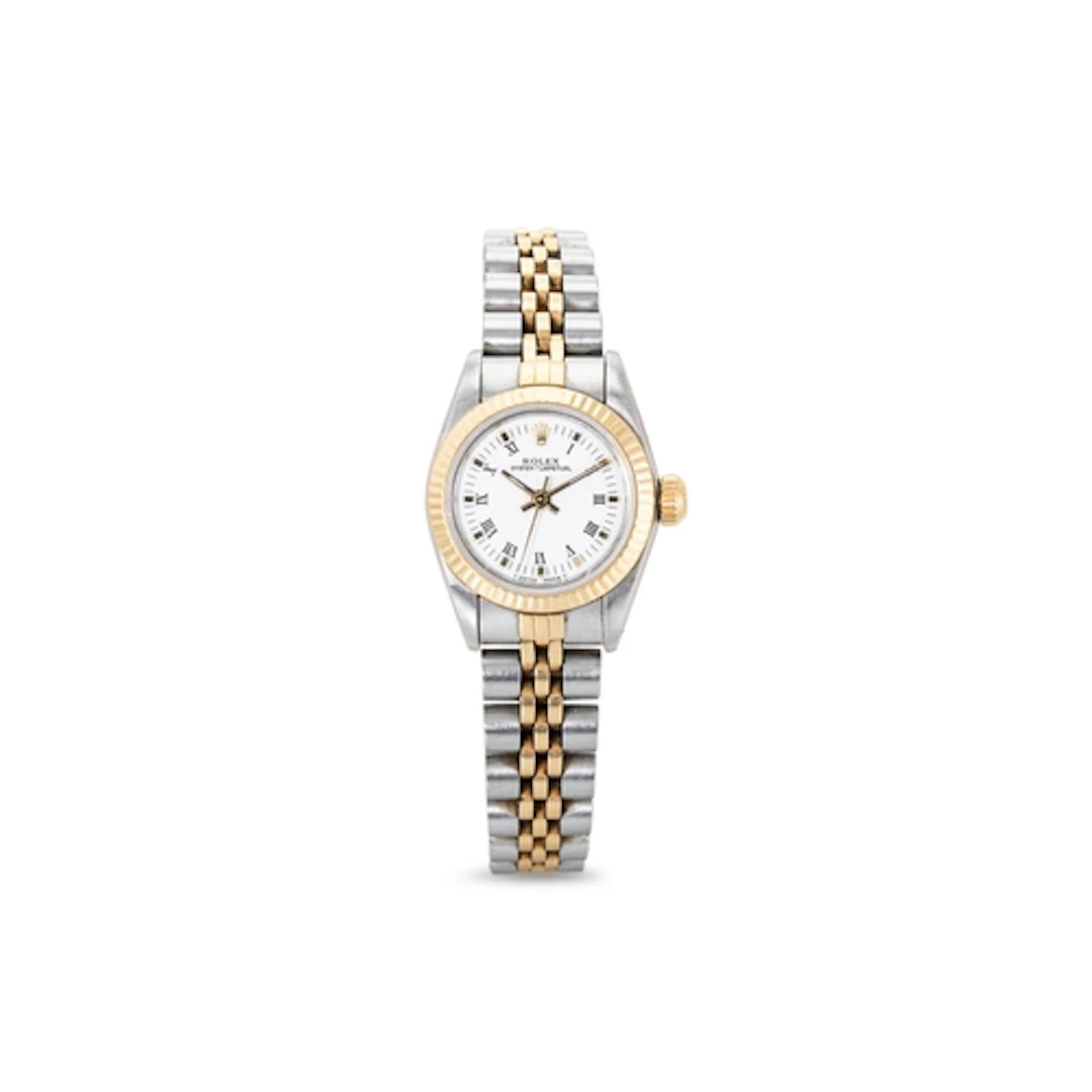 A LADY'S ROLEX OYSTER PERPETUAL BI-METAL WRIST WATCH, white ...
