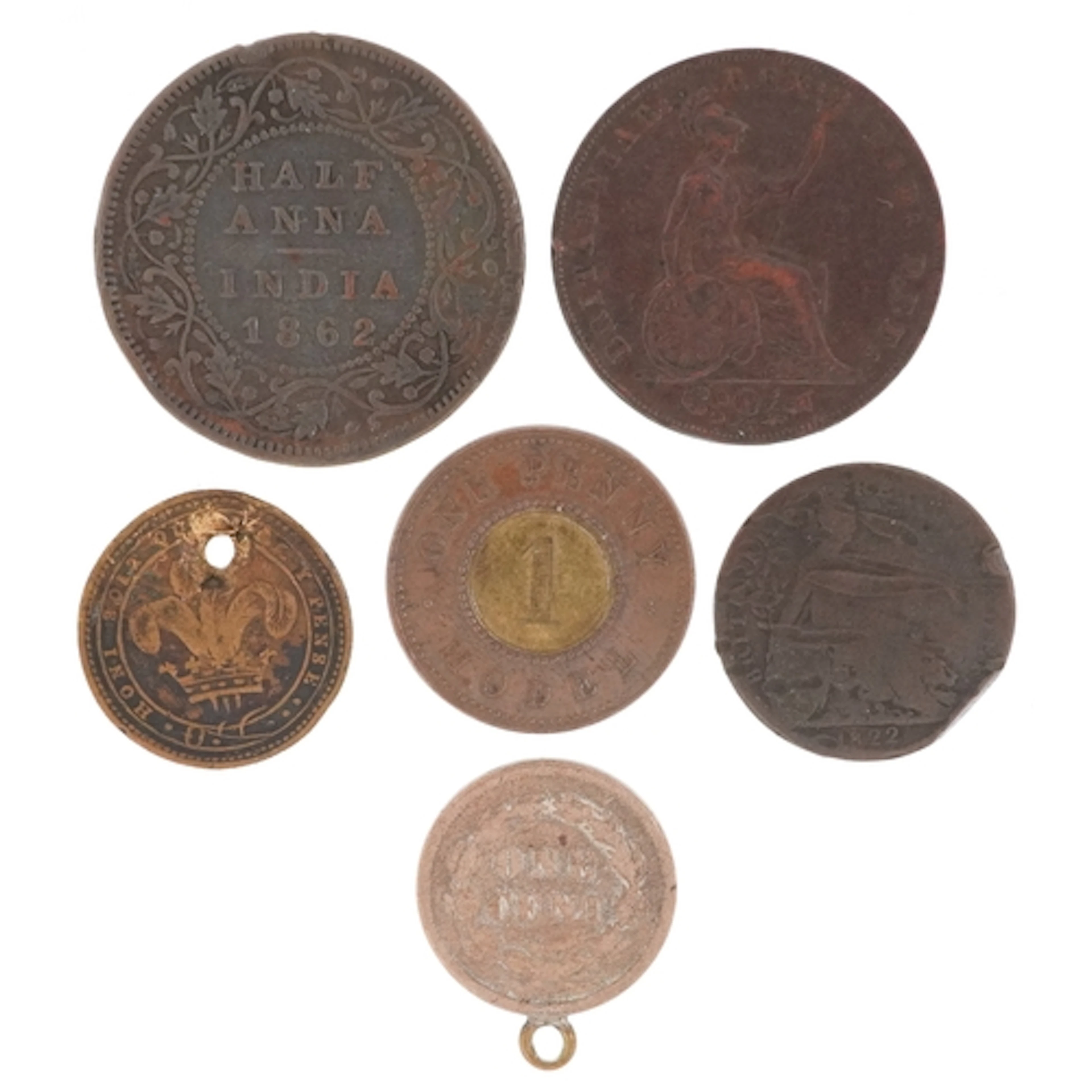 Small group of 19th century world coins and tokens comprisin...