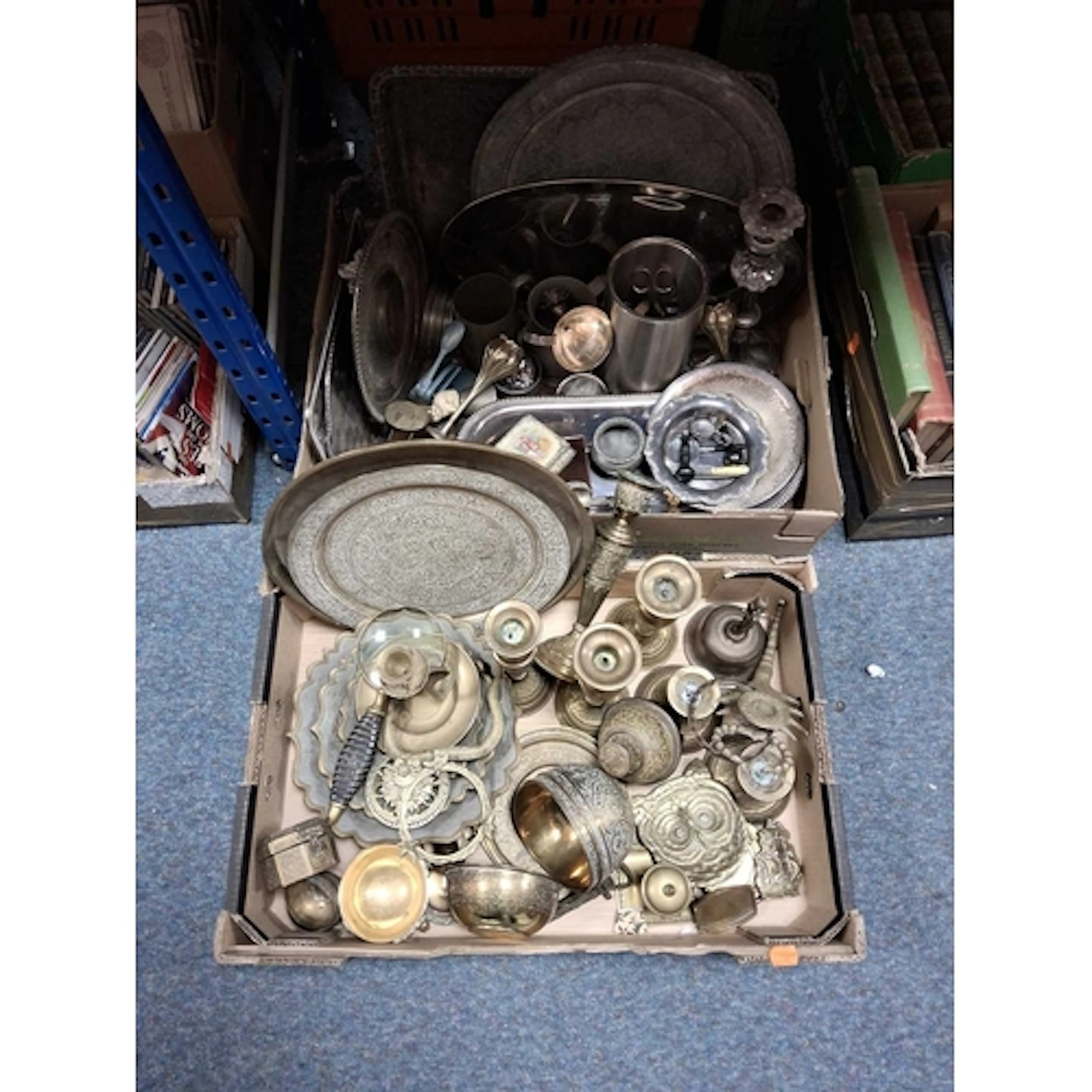 TWO BOXES OF VINTAGE BRASS AND SILVER PLATED WARES to includ...