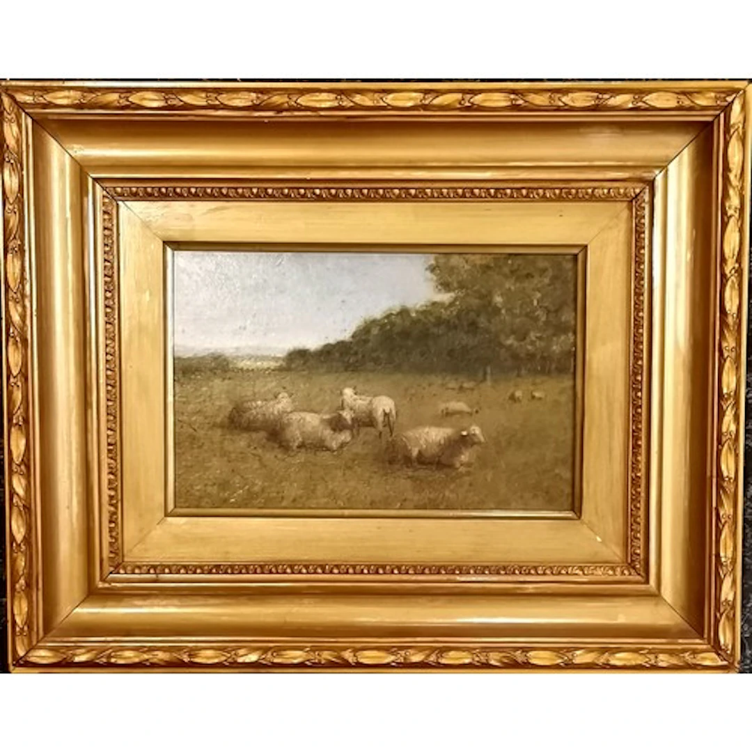 Antique oil painting painting on board of sheep in pasture ...