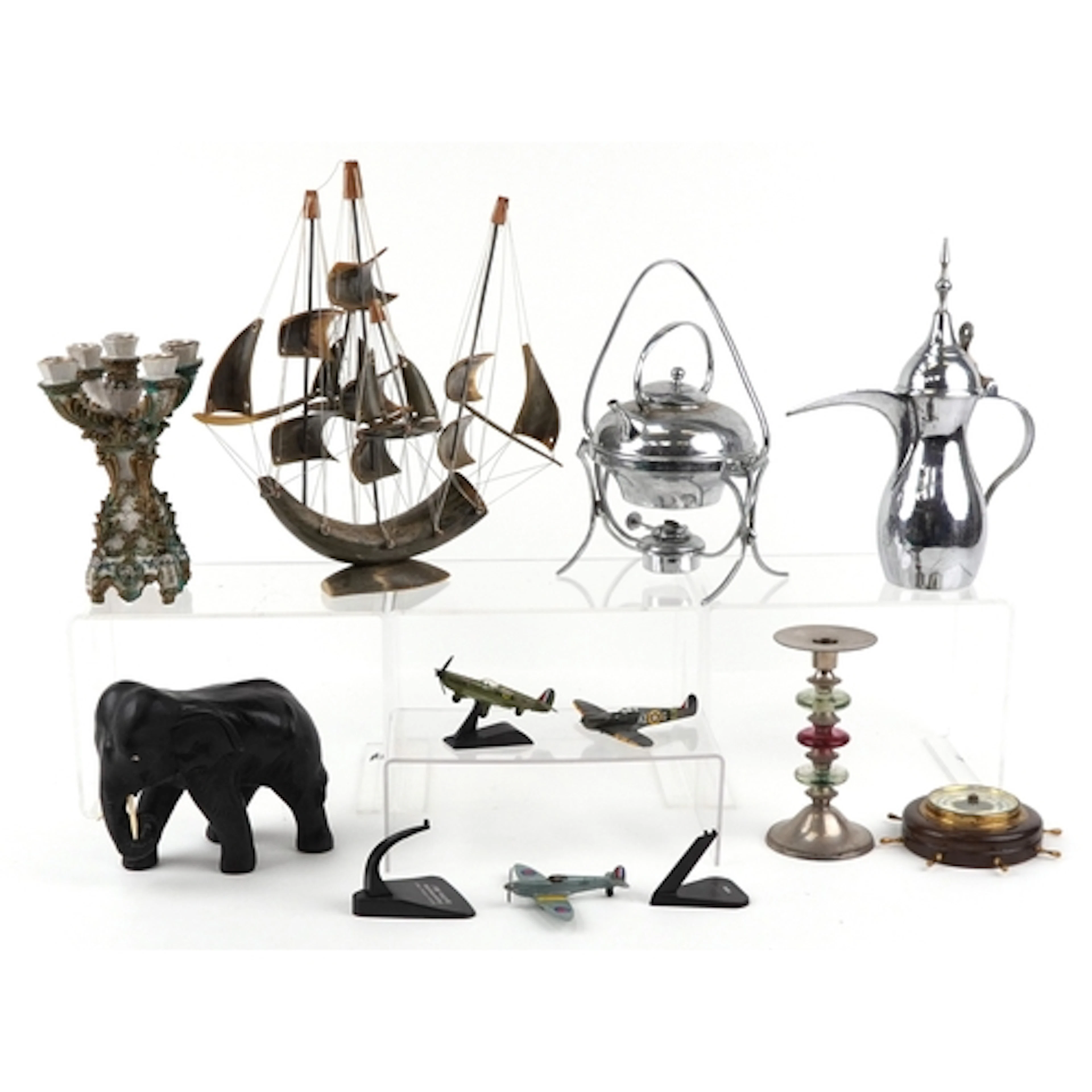 Vintage and later objects including a five branch candelabra...