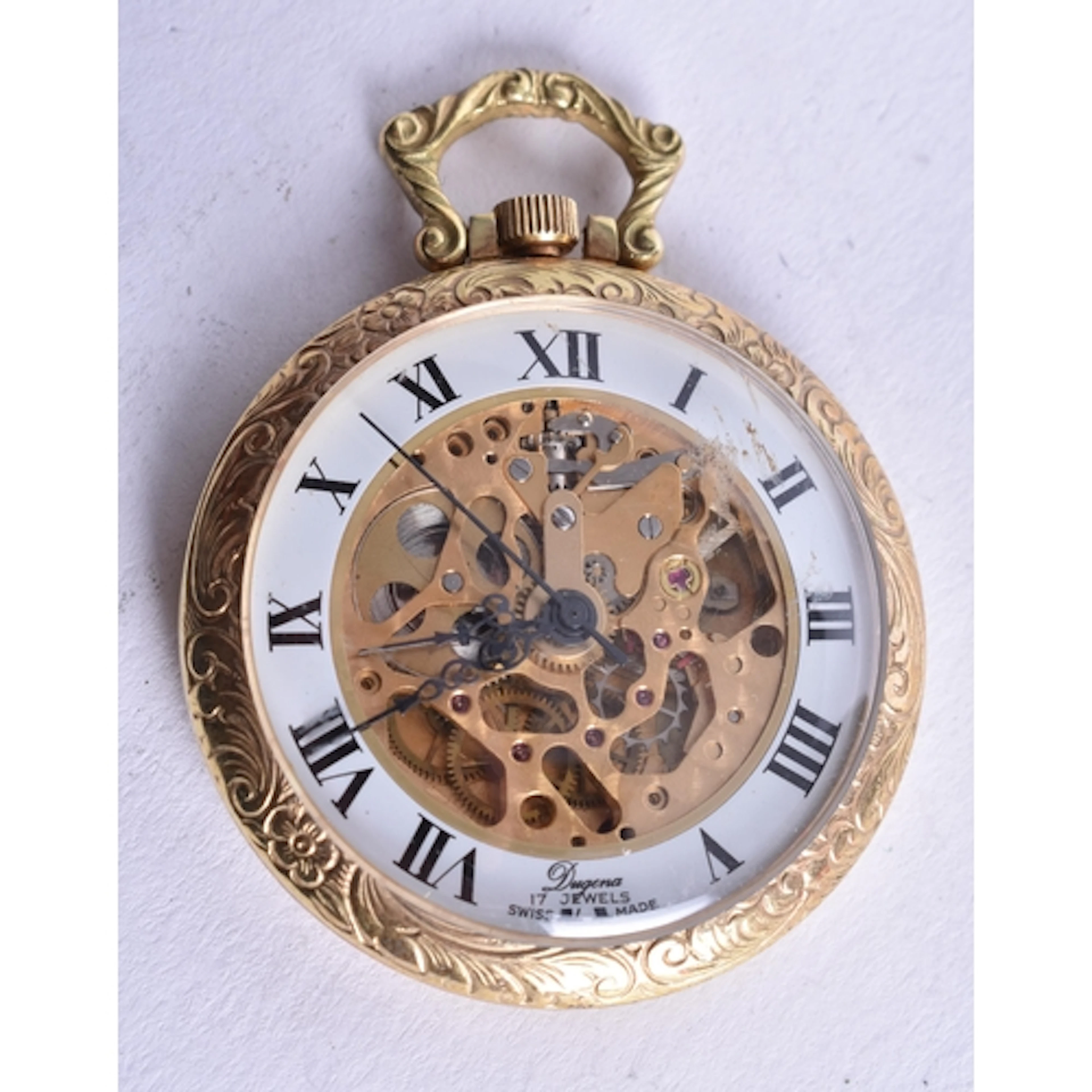 Dugena Skeleton Pocket Watch Hand-Wind Working. 3.75 cm wide...