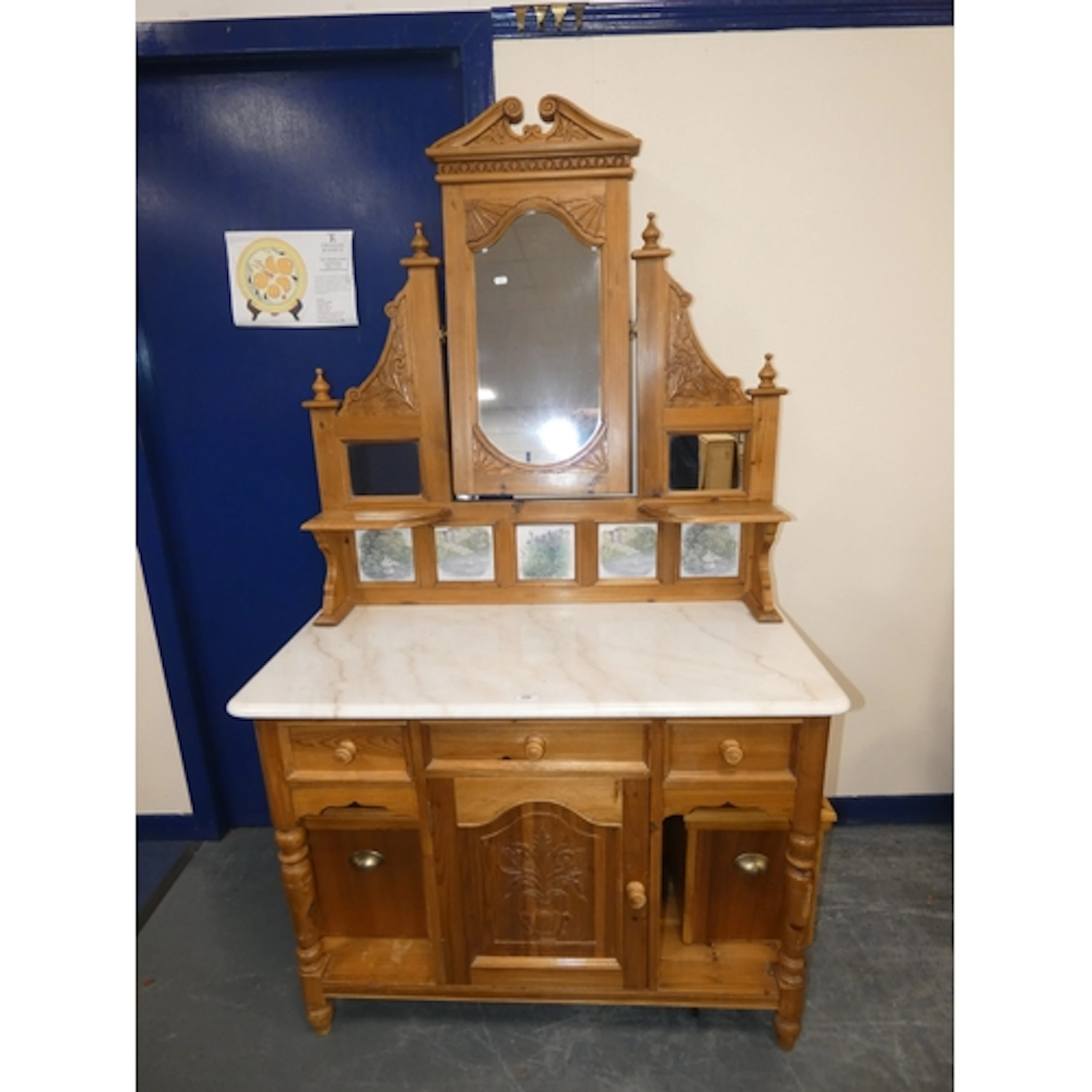 Victorian-style pine washstand, with swing mirror and panels...
