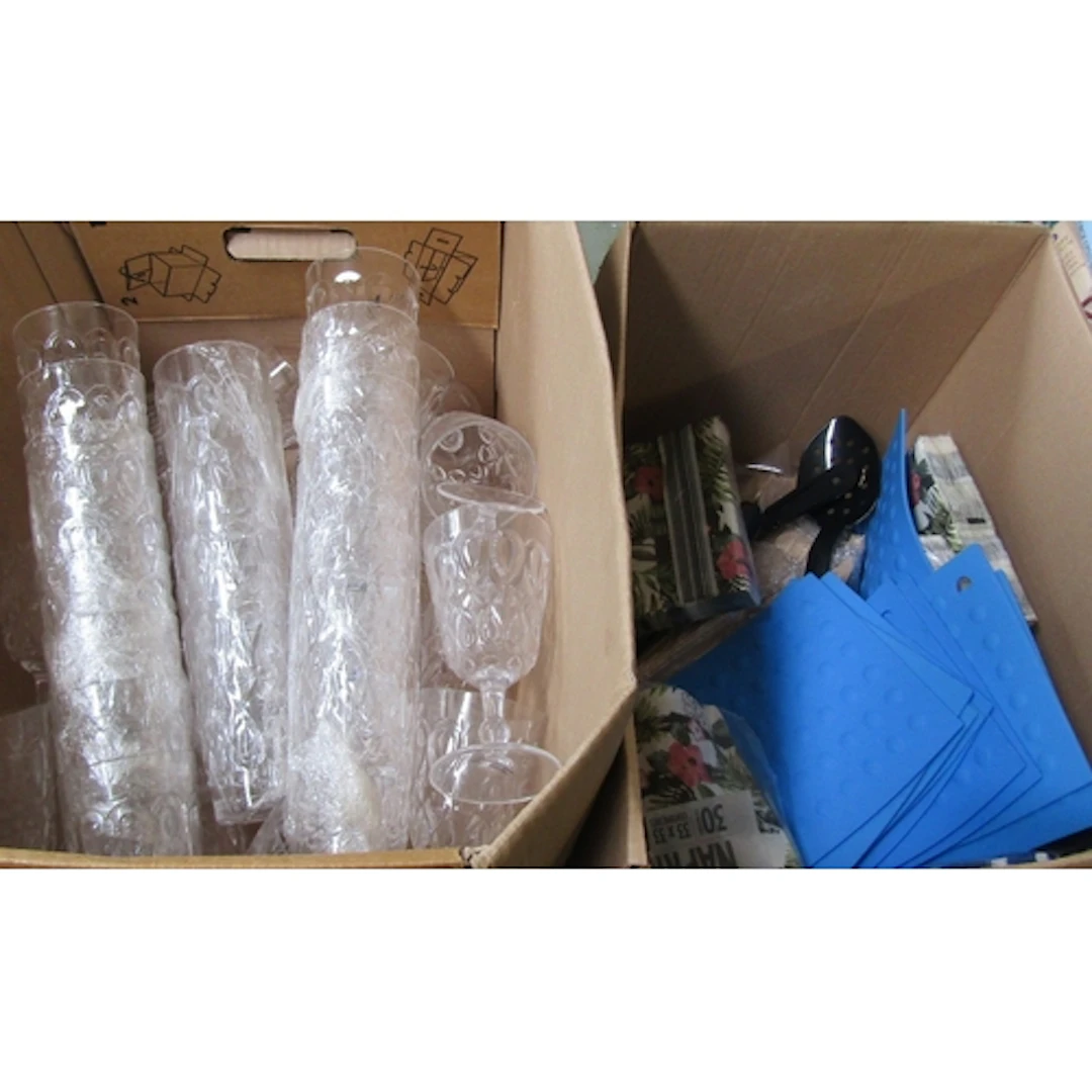Two Boxes of Various Items Including Plastic Wine Glasses Ta...