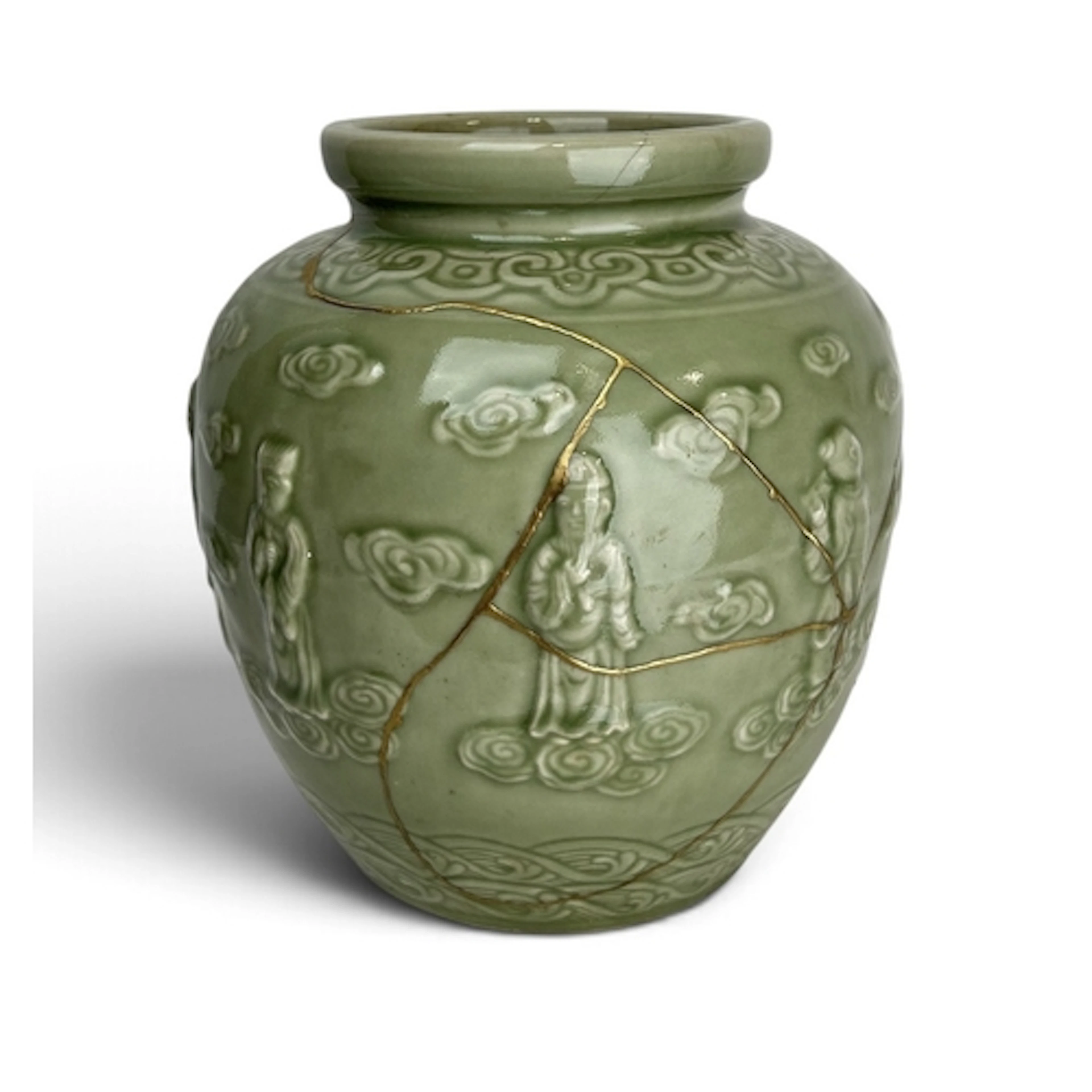 A CHINESE QING PERIOD KINTSUGI CELADON JAR Inscribed to base...
