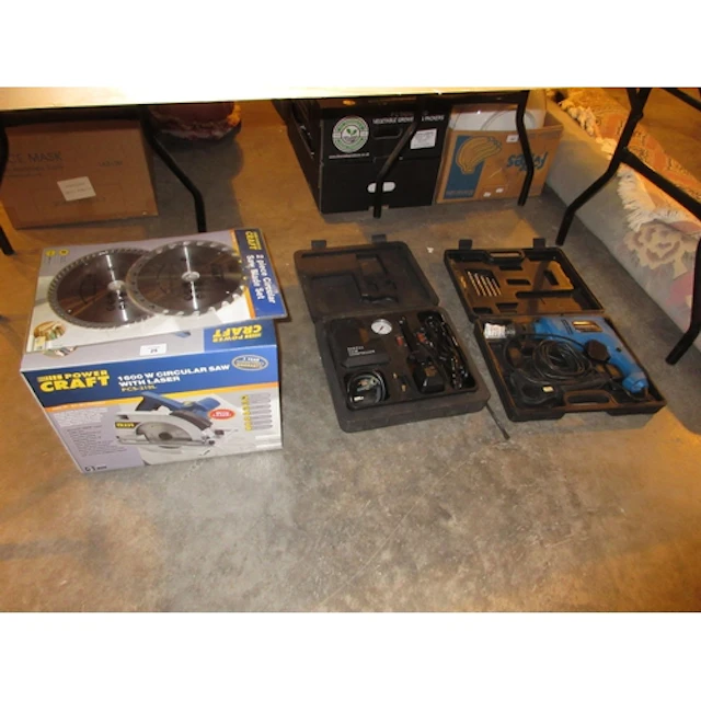 Power Craft 1600W Circular Saw, Drill and Case Compressor