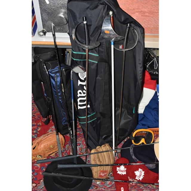 A BOX AND LOOSE SPORTING EQUIPMENT, CLOTHING, ETC, to includ...