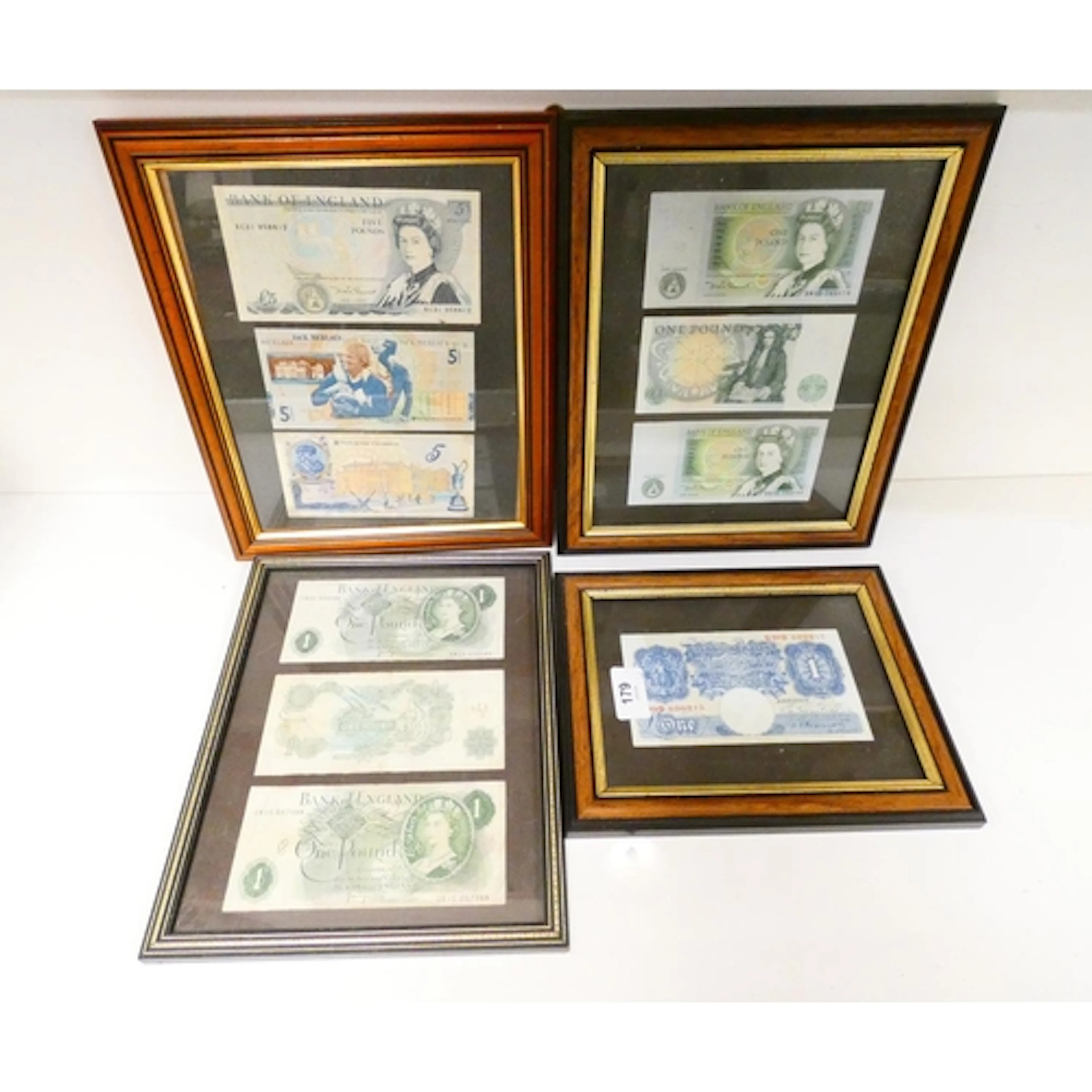 Group of framed United Kingdom banknotes to include Jack Nic...