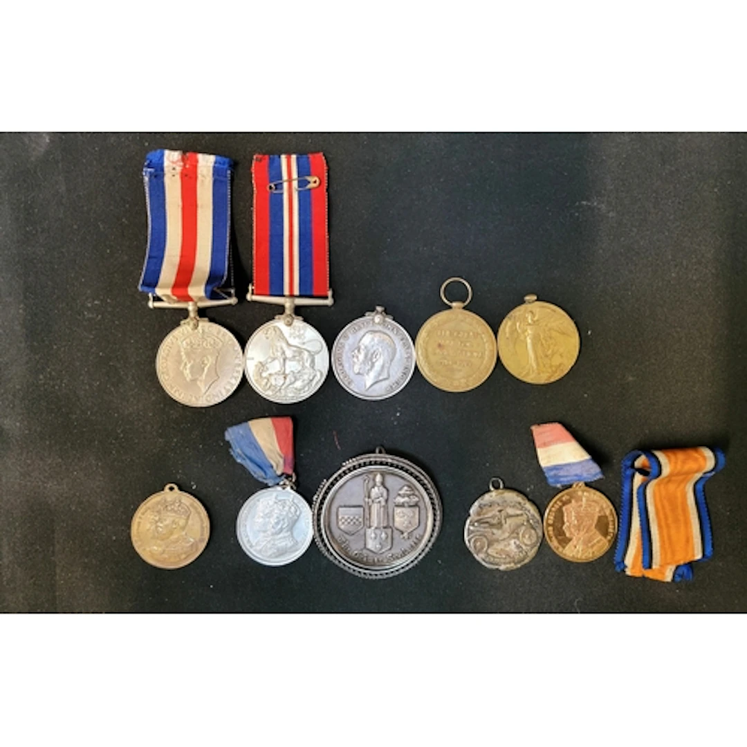 SELECTION OF MEDALS including two WWI Victory medals, engrav...