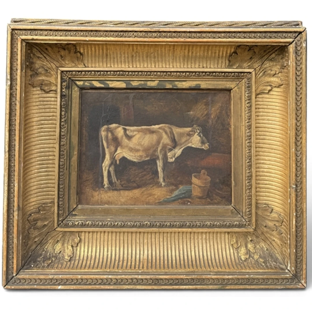 19TH CENTURY SCHOOL: COW IN A BARN Oil on canvas. . 19cm x 2...