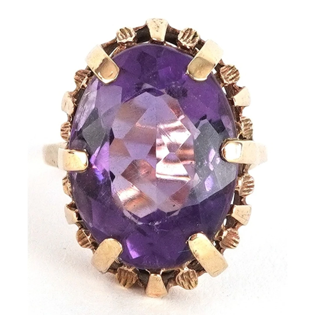 9ct gold amethyst solitaire ring with naturalistic setting, ...