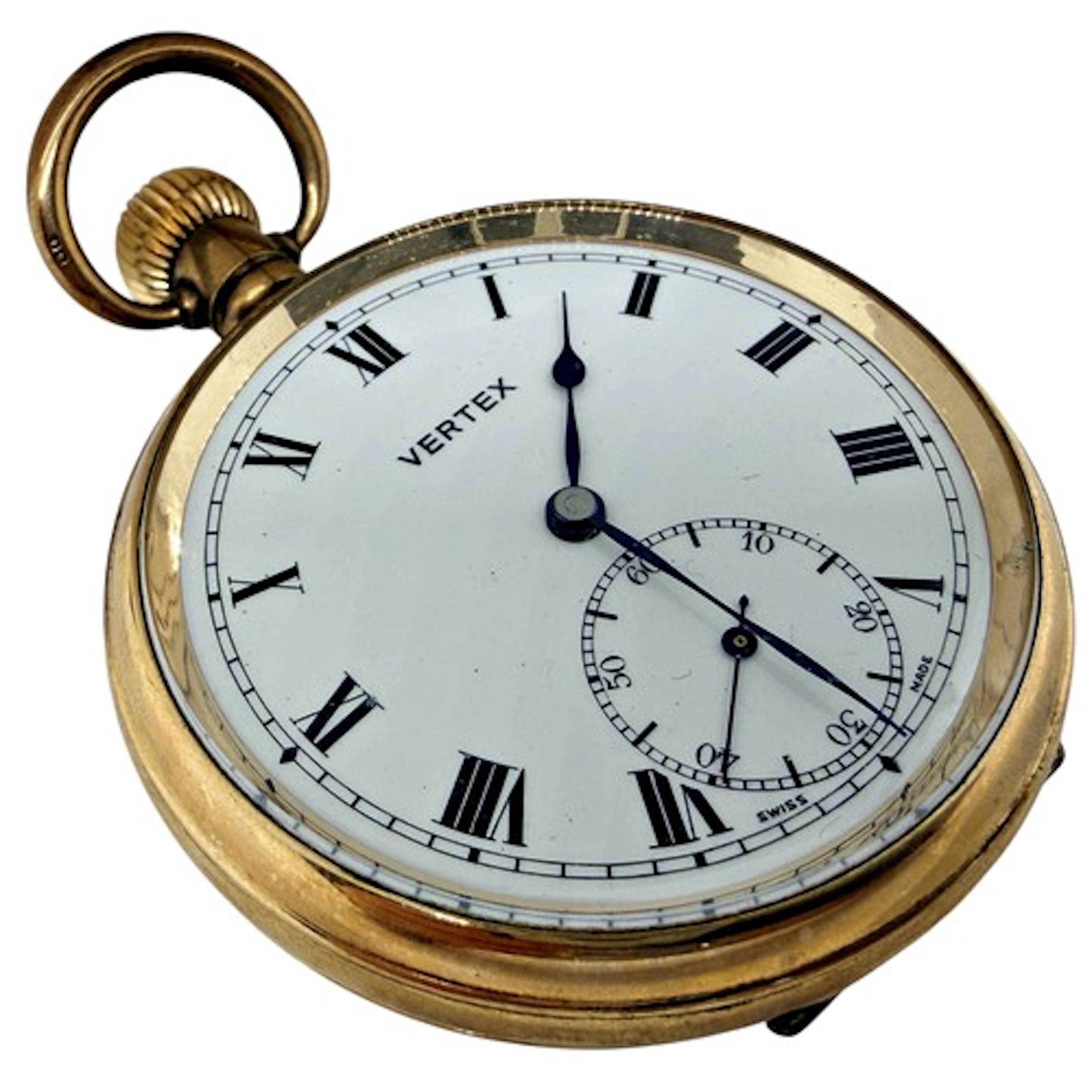 A gold-plated open-faced pocket watch, Vertex, the white ena...