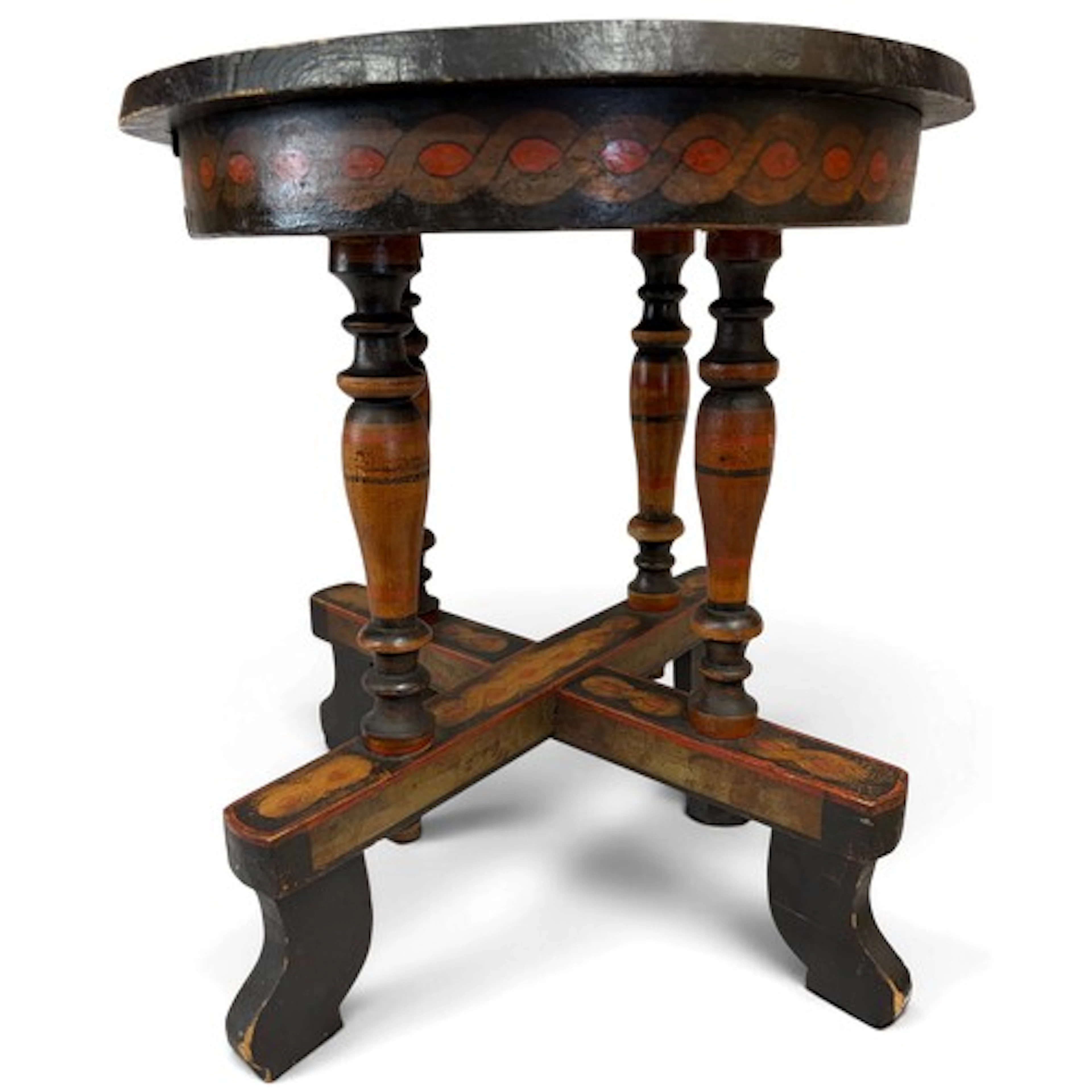 Folk art painted side table, circular top with four legs adj...