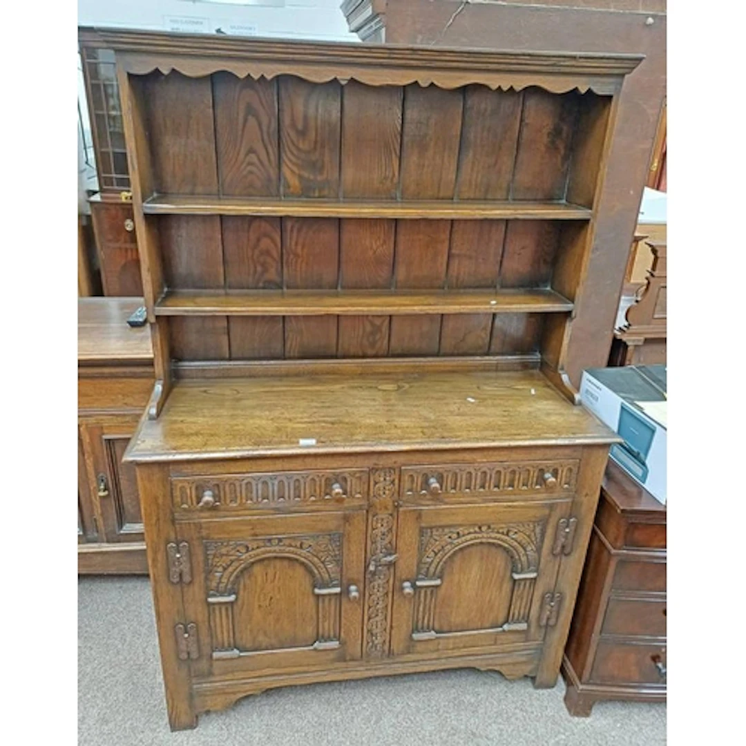 CARVED OAK WELSH DRESSER WITH SHELF BACK OVER BASE OF 2 DRAW...