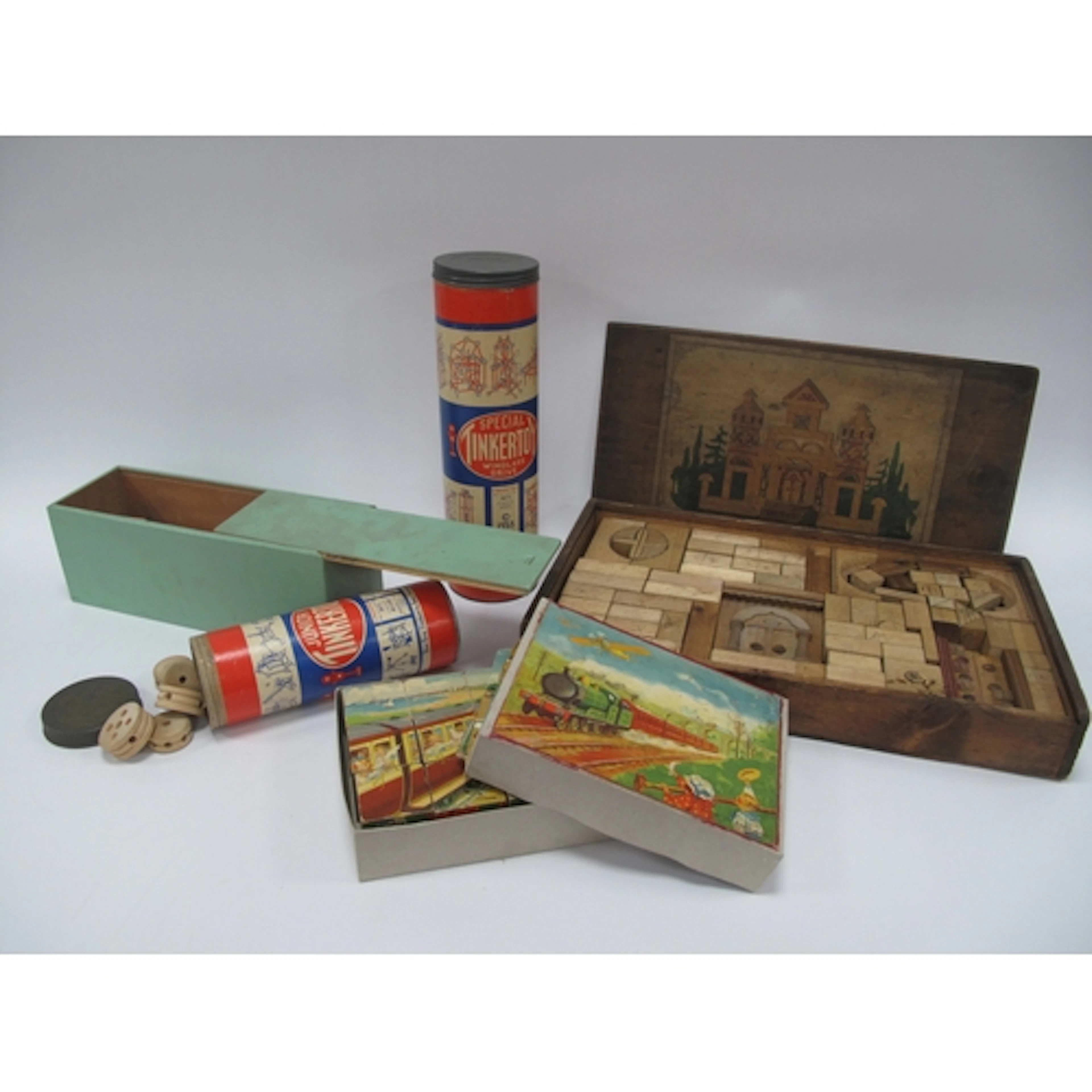 Junior and Special Tinkertoy Block Sets, railway pictoral tw...