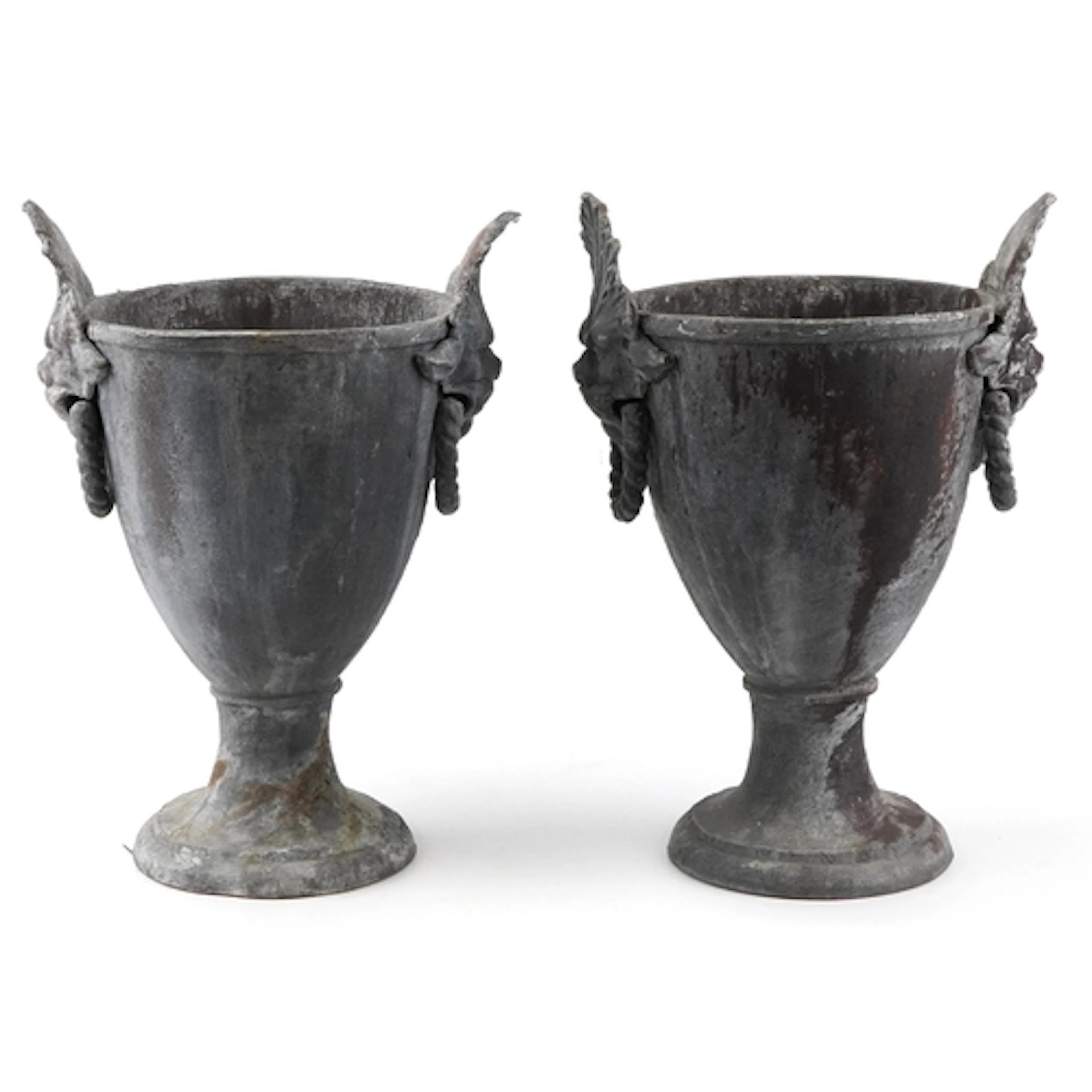 Pair of large antique lead planters with lion head handles, ...