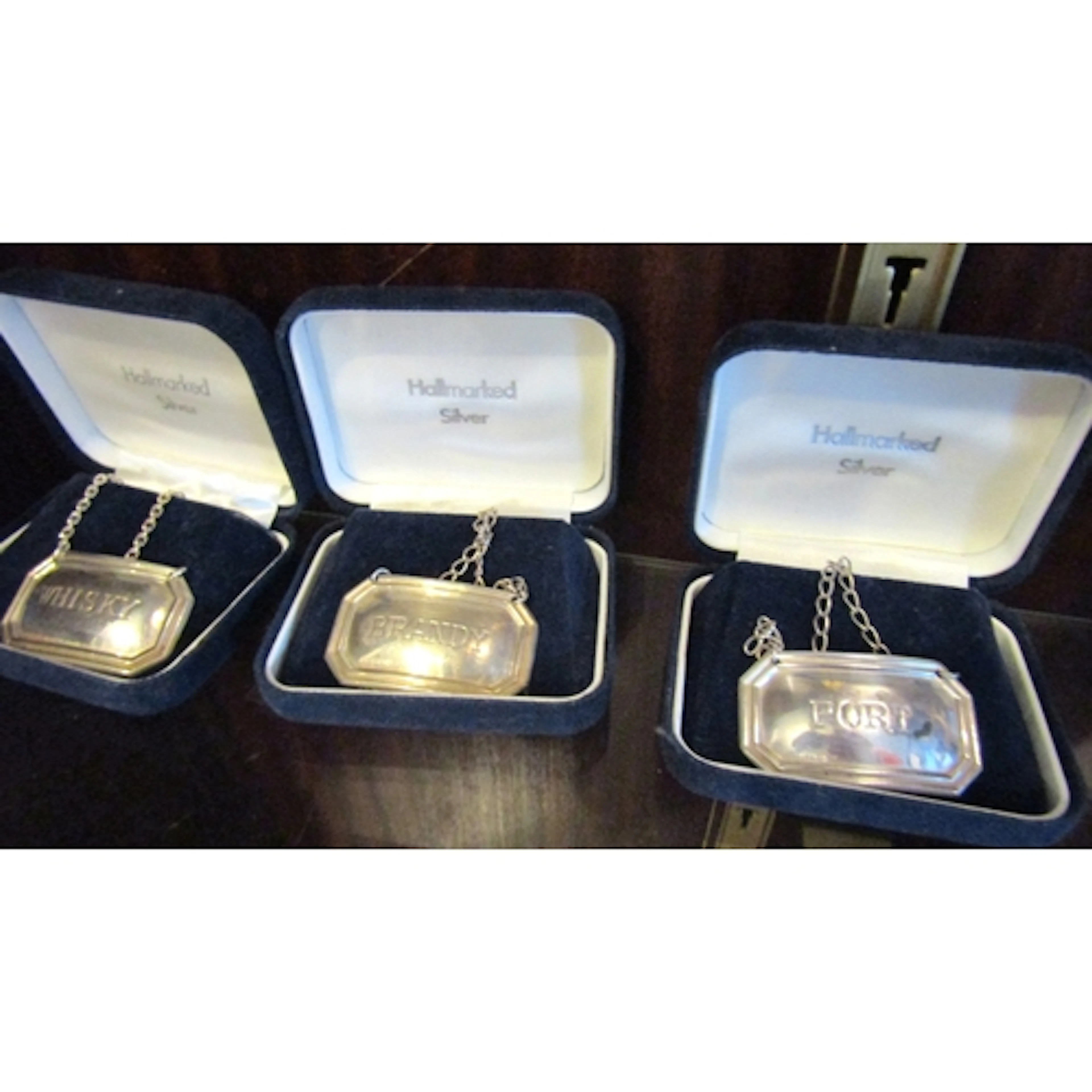 Set of Three Silver Decanter Labels with Presentation Boxes ...