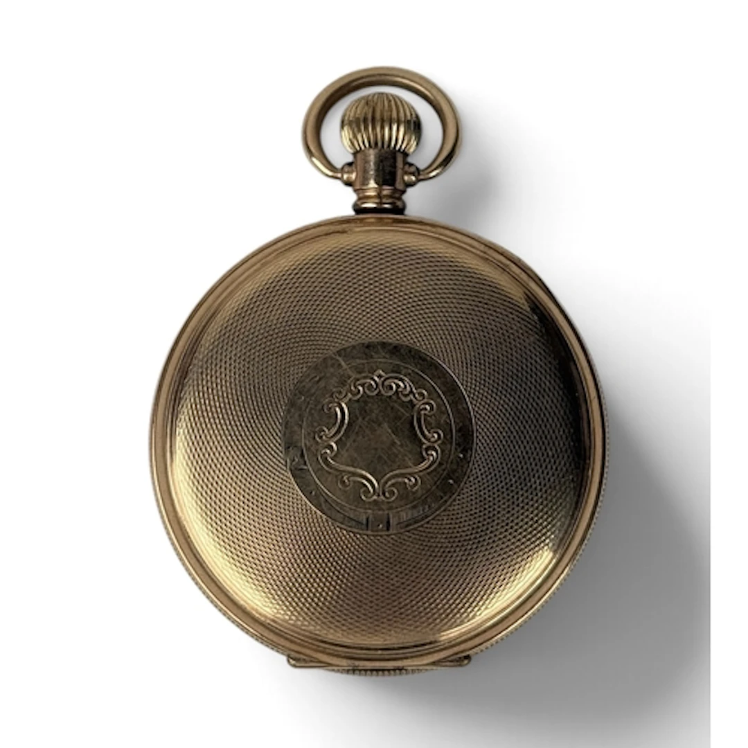 DENCO: A ROLLED GOLD ENGINE TURNED HALF HUNTER POCKET WATCH ...