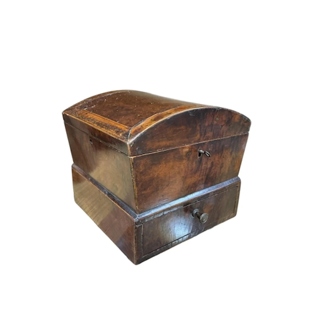 A Regency burr yew domed top work box, the banded cover pain...