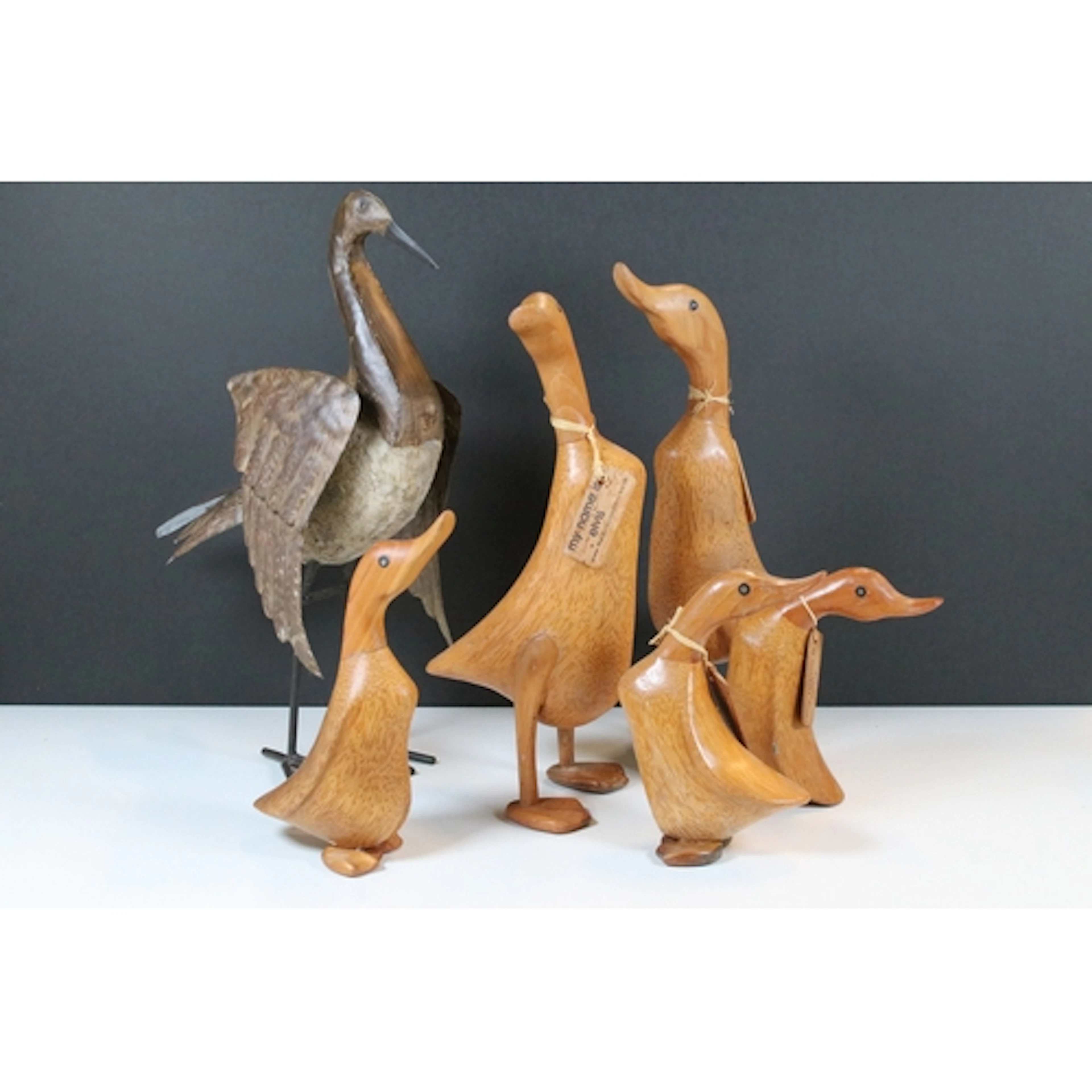 Collection of duck ornaments to include 5 x Dcuk wooden duck...