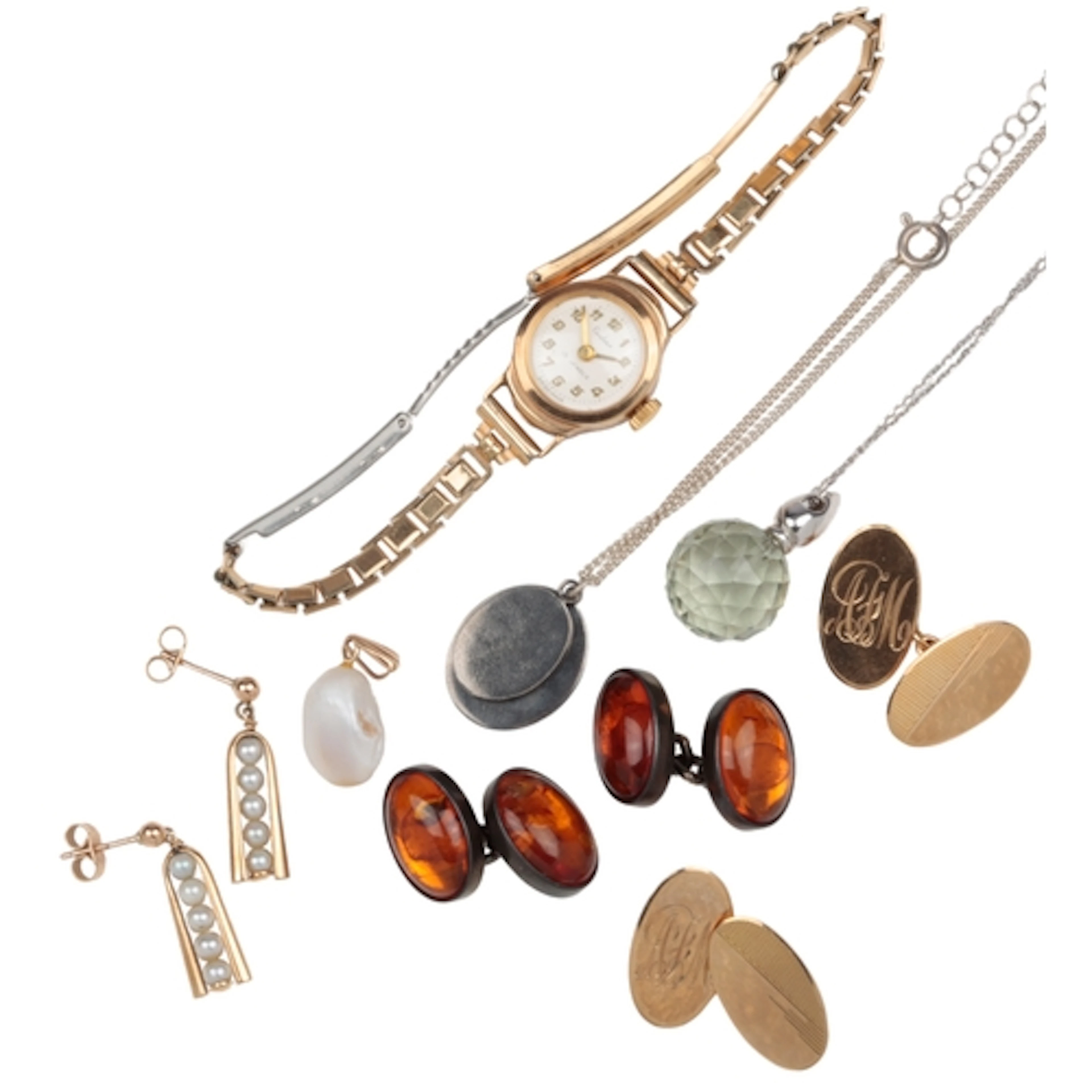 A collection of jewels, comprising: a pair of 9ct gold cuffl...