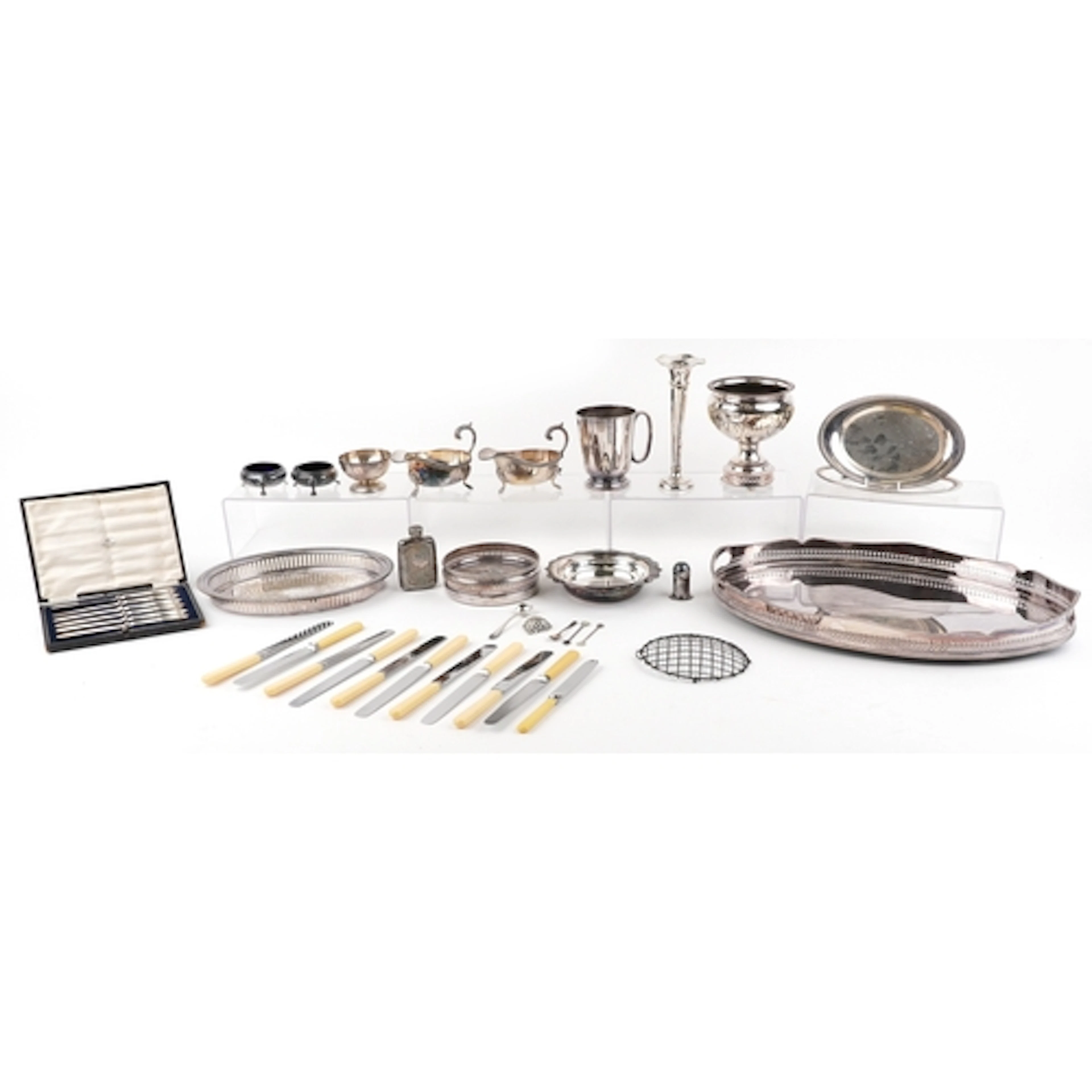 Antique and later silver plated items including a large oval...