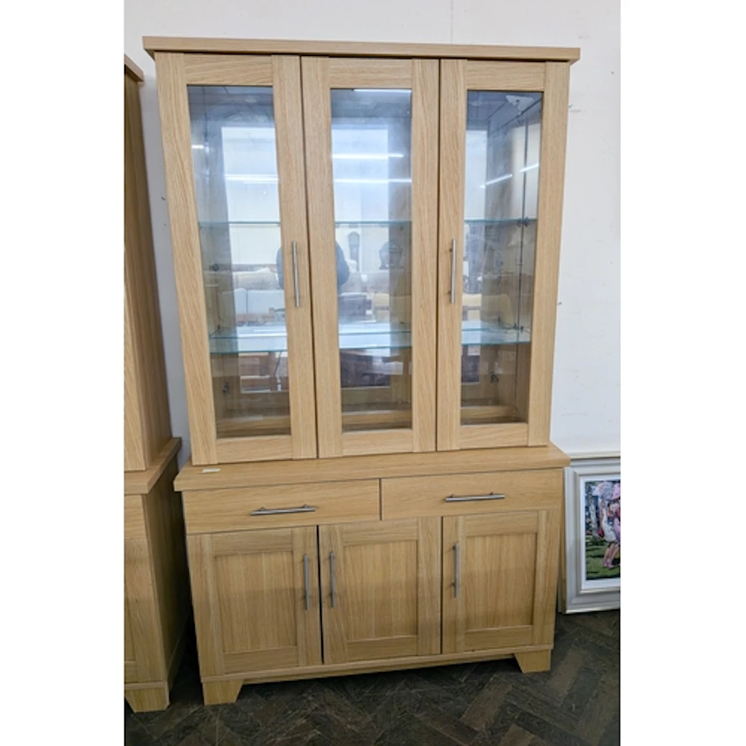 Modern light oak finished wall display cabinet, three glazed...