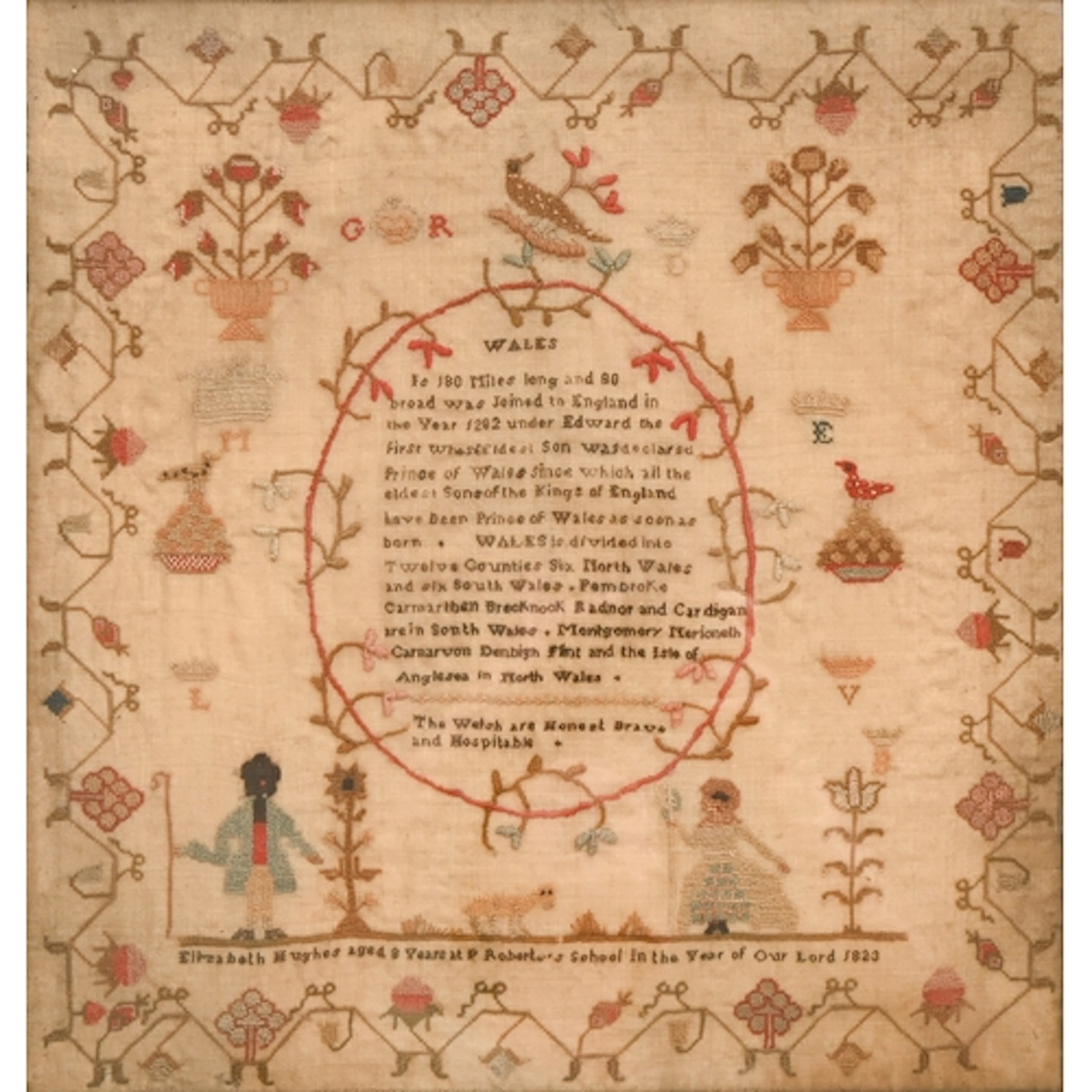 A rare George IV linen school sampler by Elizabeth Hughes, 1...