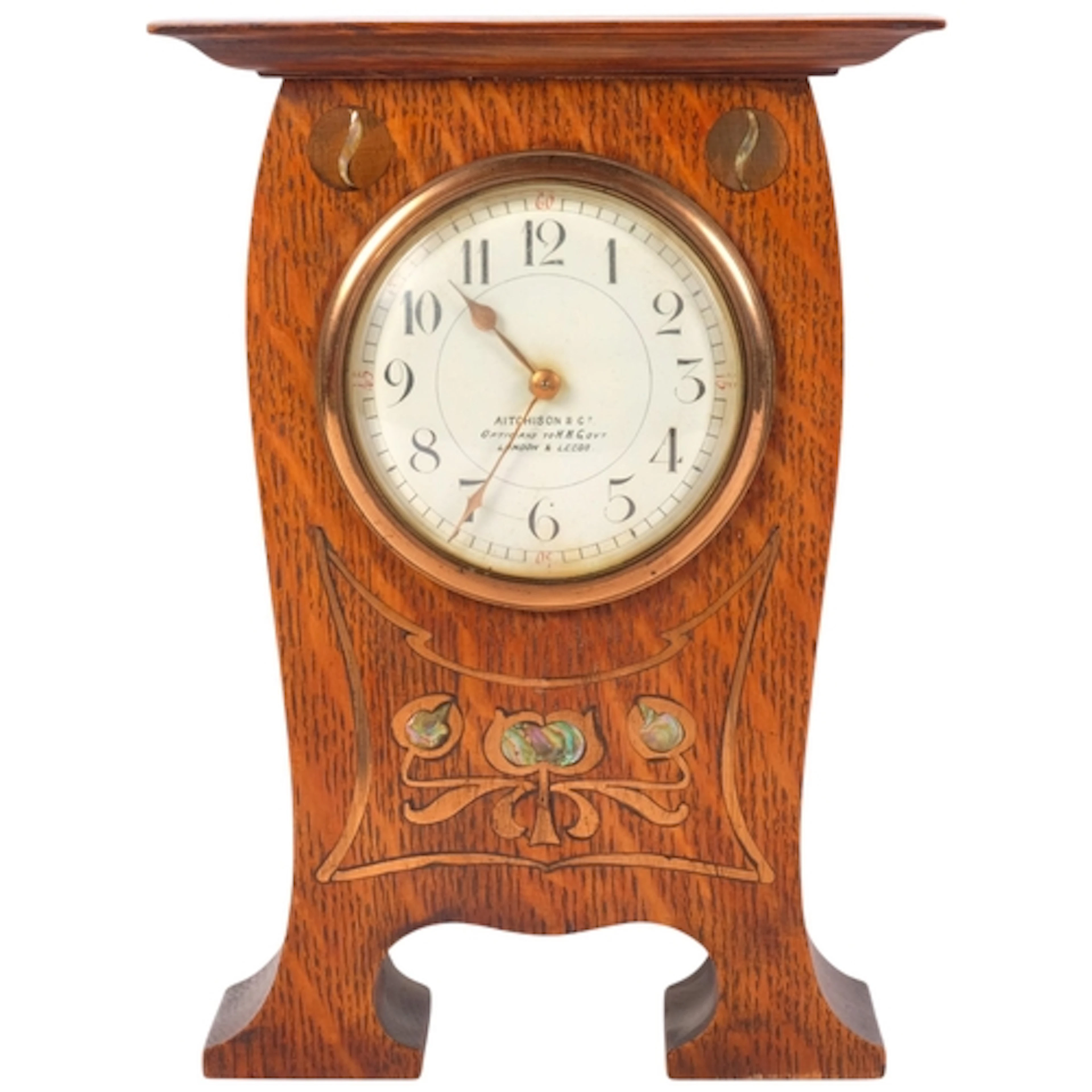 Arts and Crafts oak mantel clock, with copper and mother-of-...