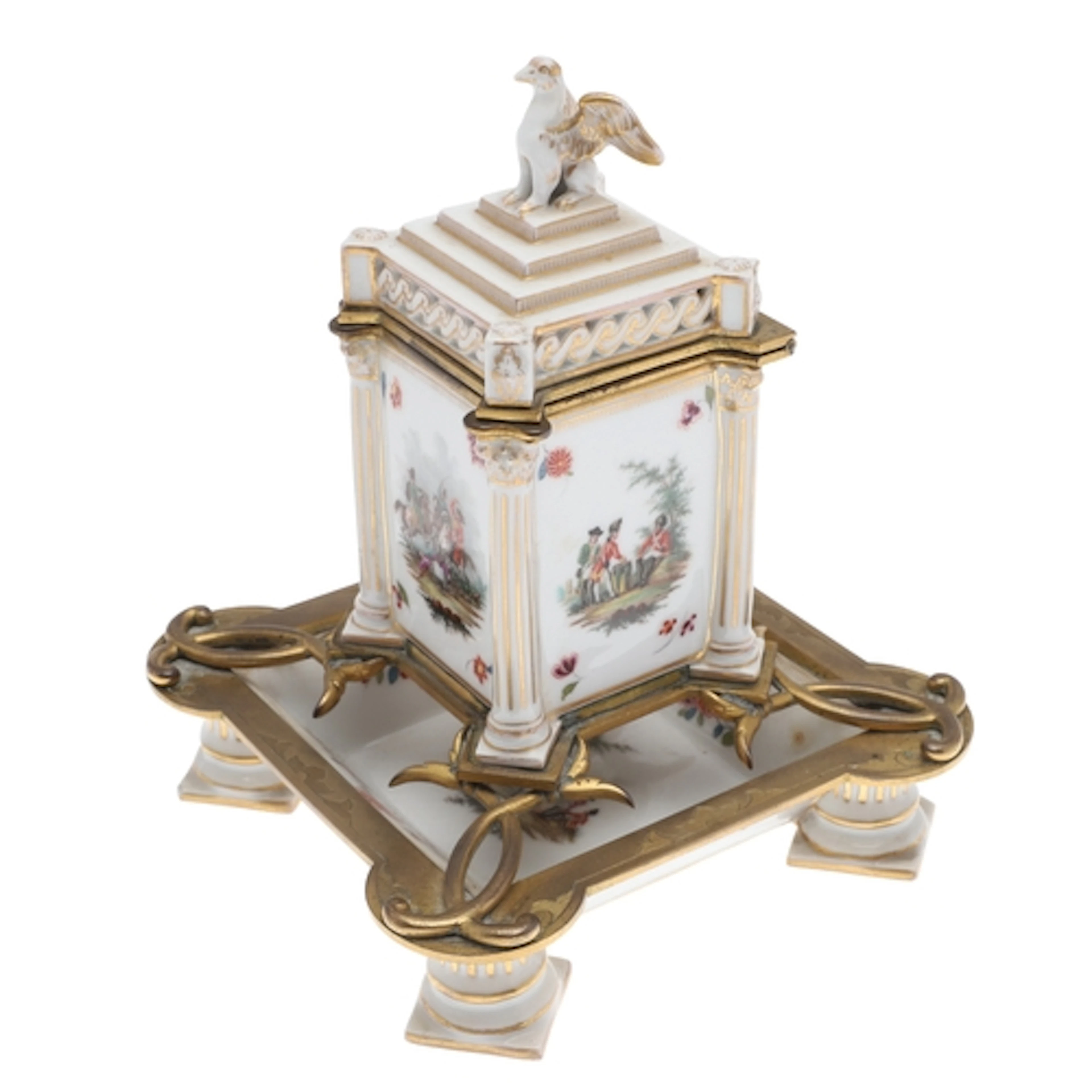 GERMAN PORCELAIN & GILT METAL INKSTAND. A porcelain inkstand...