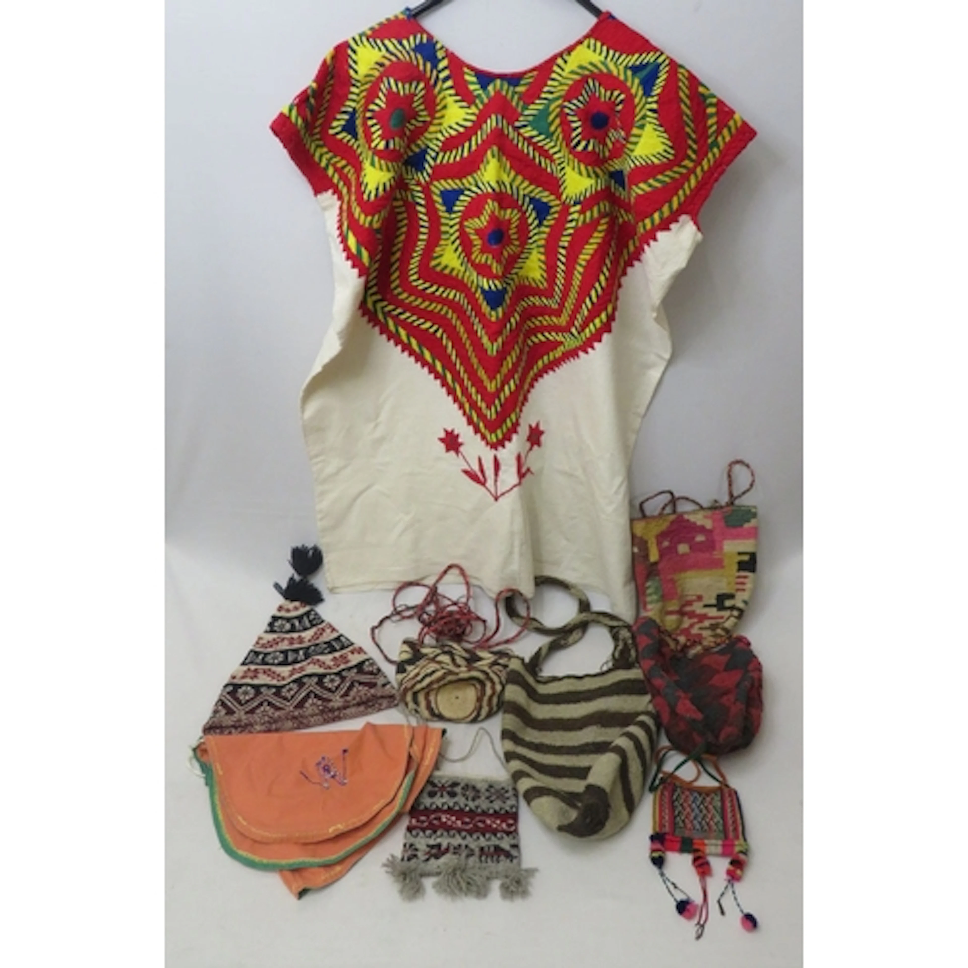 South American Textiles incl. 1970s Huipil embroidered smock...