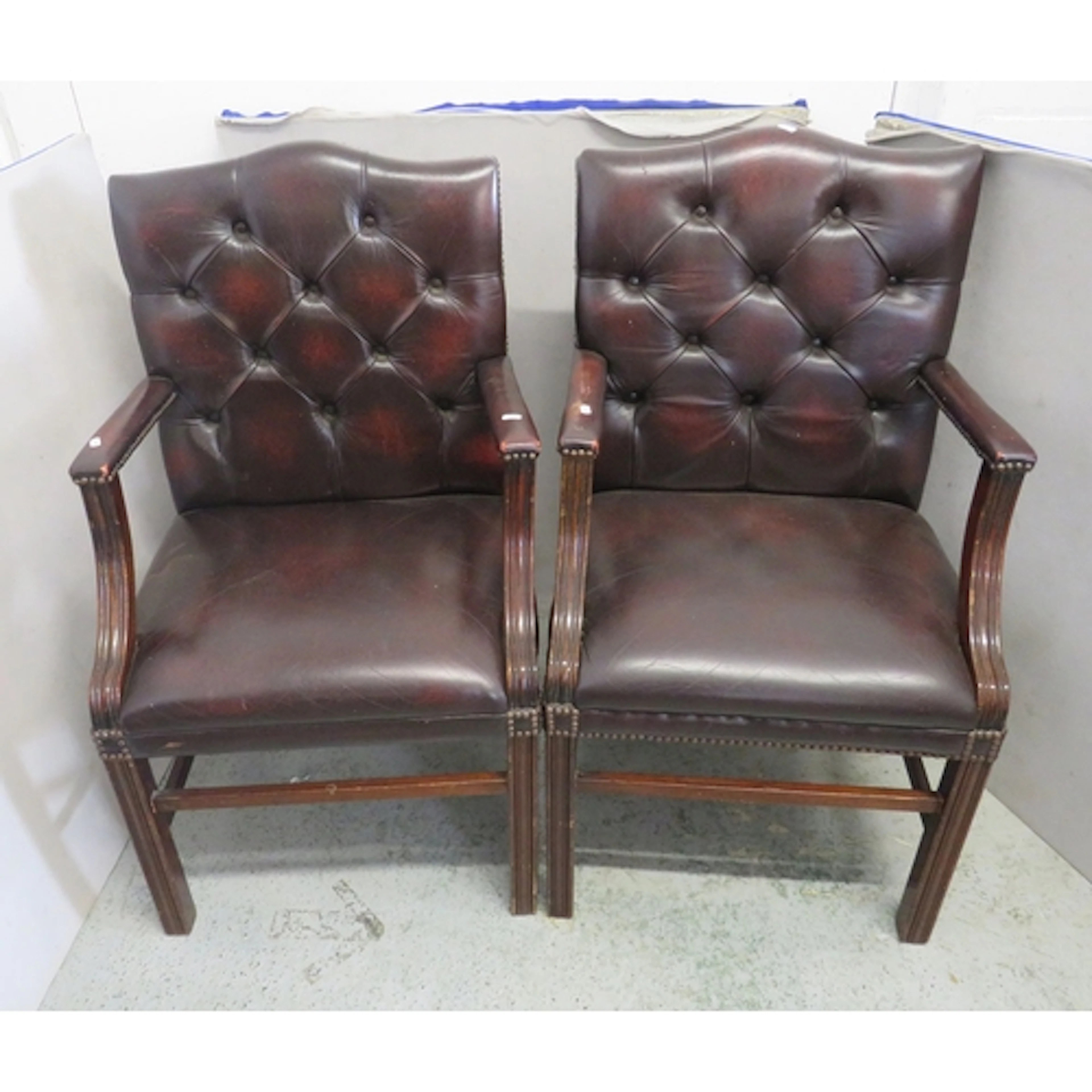 Pair Vintage Tufted Oxblood Leather Executive Library Armcha...