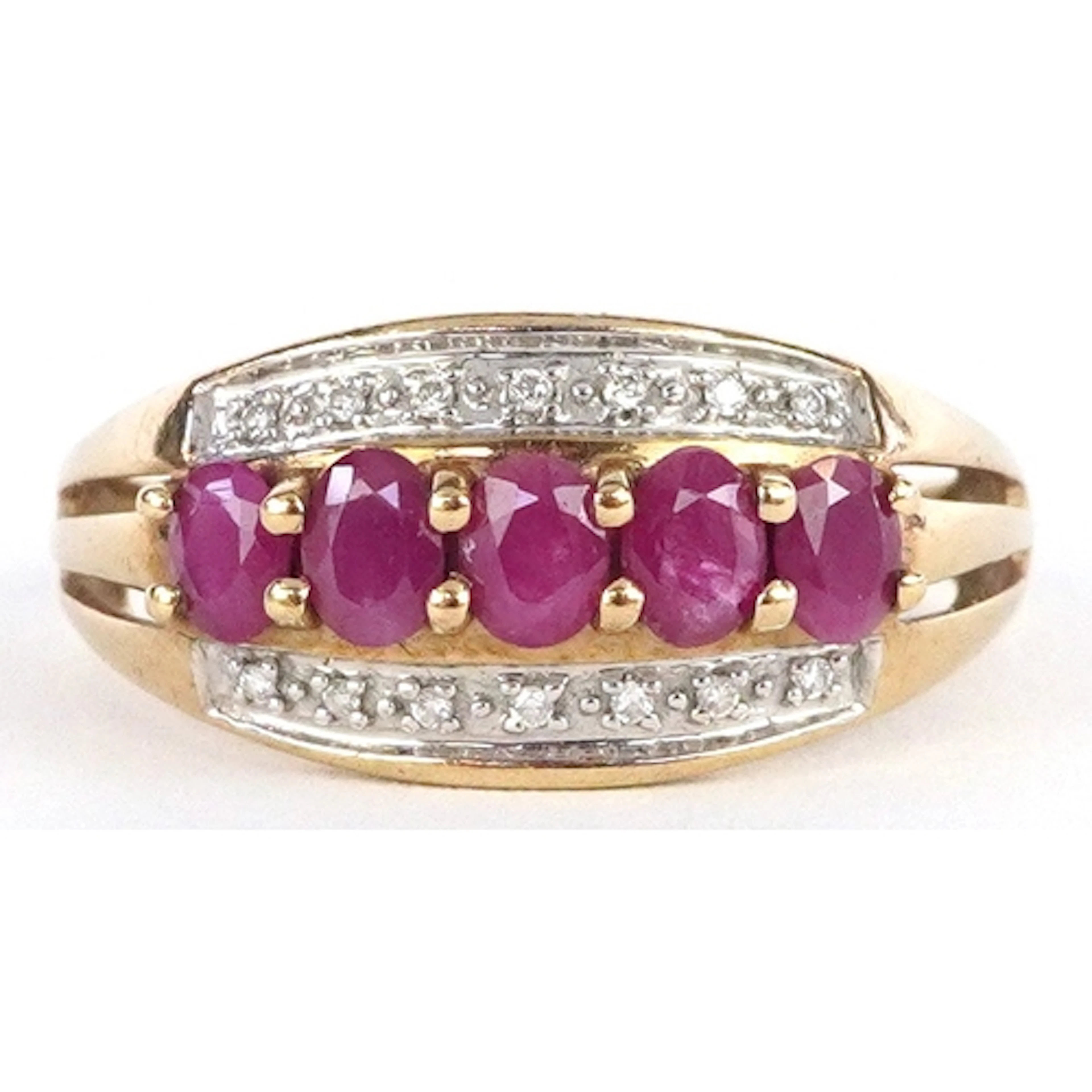 9K gold ruby and diamond three row ring, size O, 2.4g.