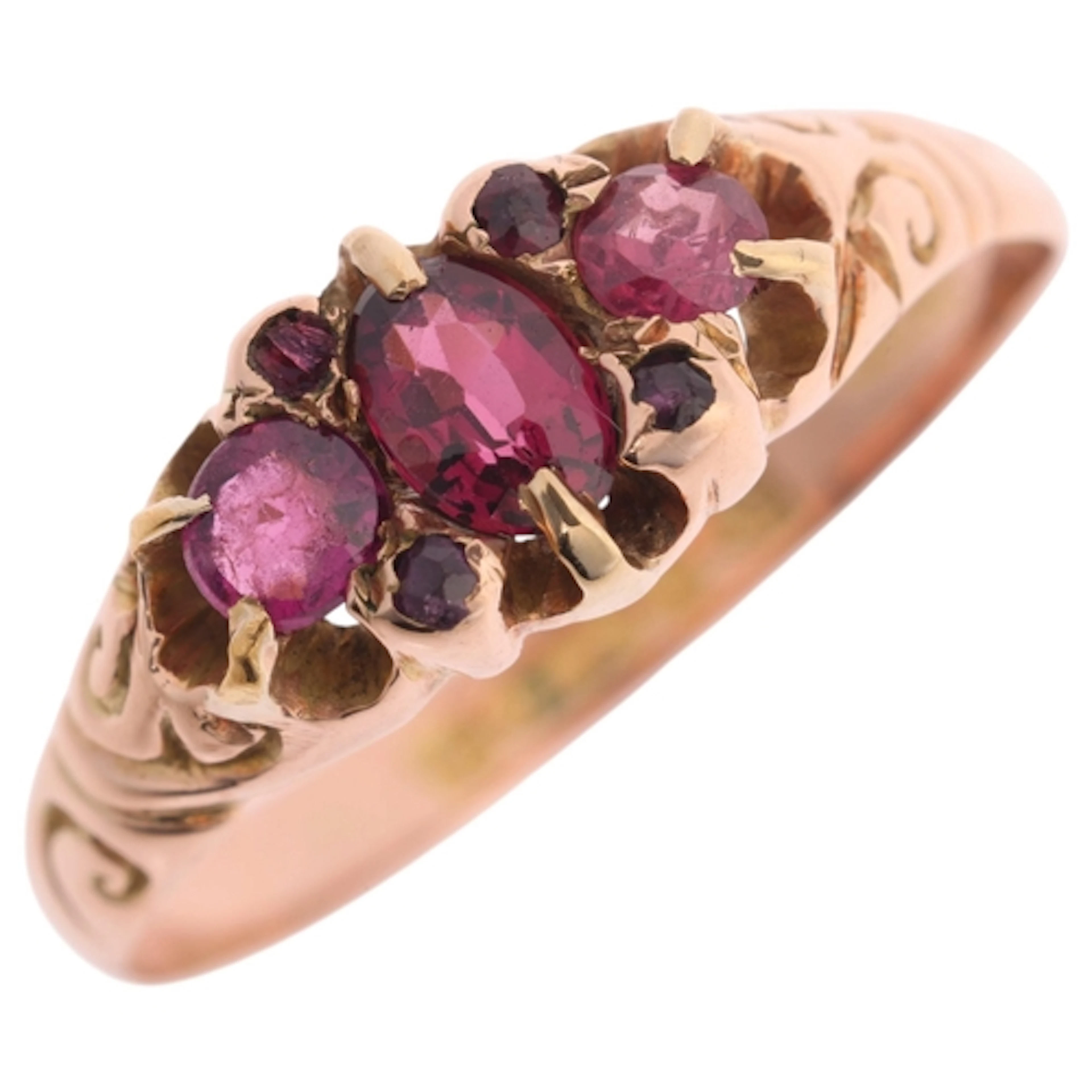 An Antique Victorian 9ct rose gold three stone garnet half h...