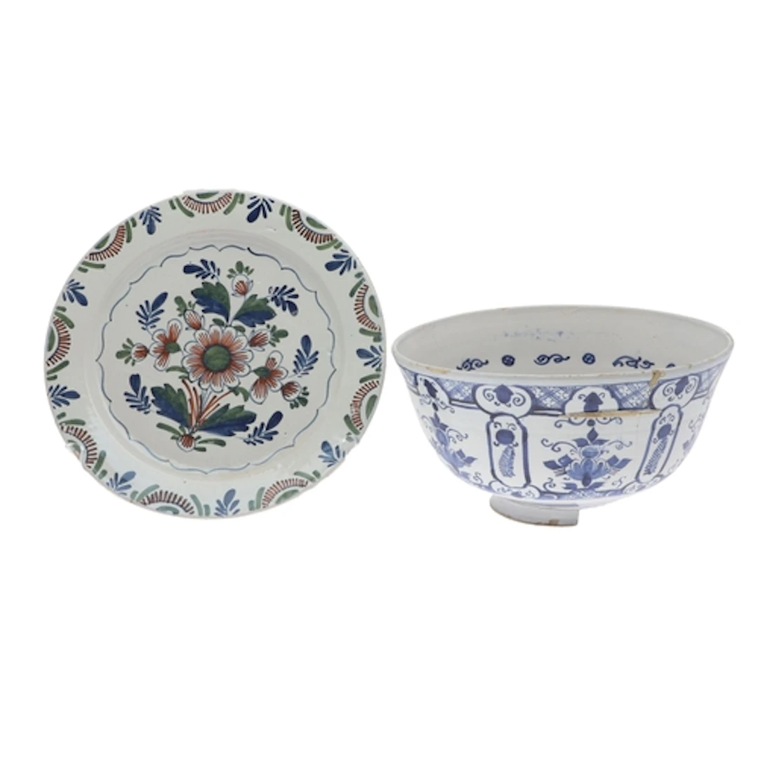 ANTIQUE DELFT CHARGER & LARGE BOWL. Including a delft polych...