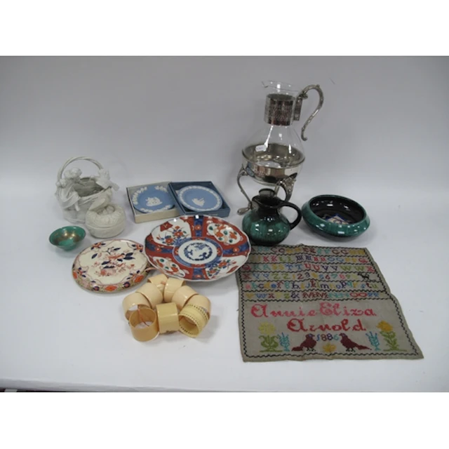 Collectables, including an 1886 needlework sampler, antique ...