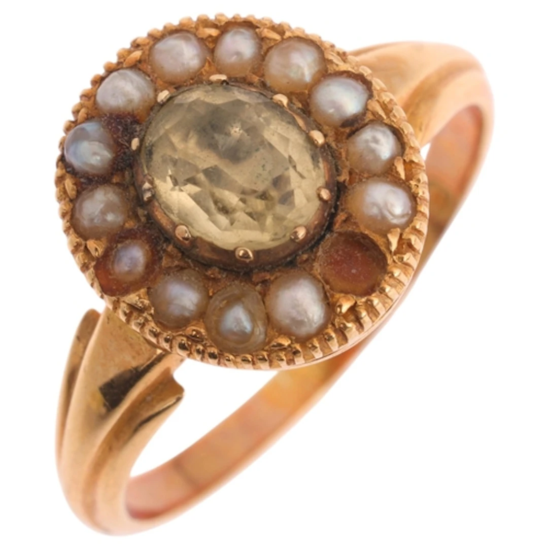 An Antique Victorian 18ct gold citrine and split pearl clust...
