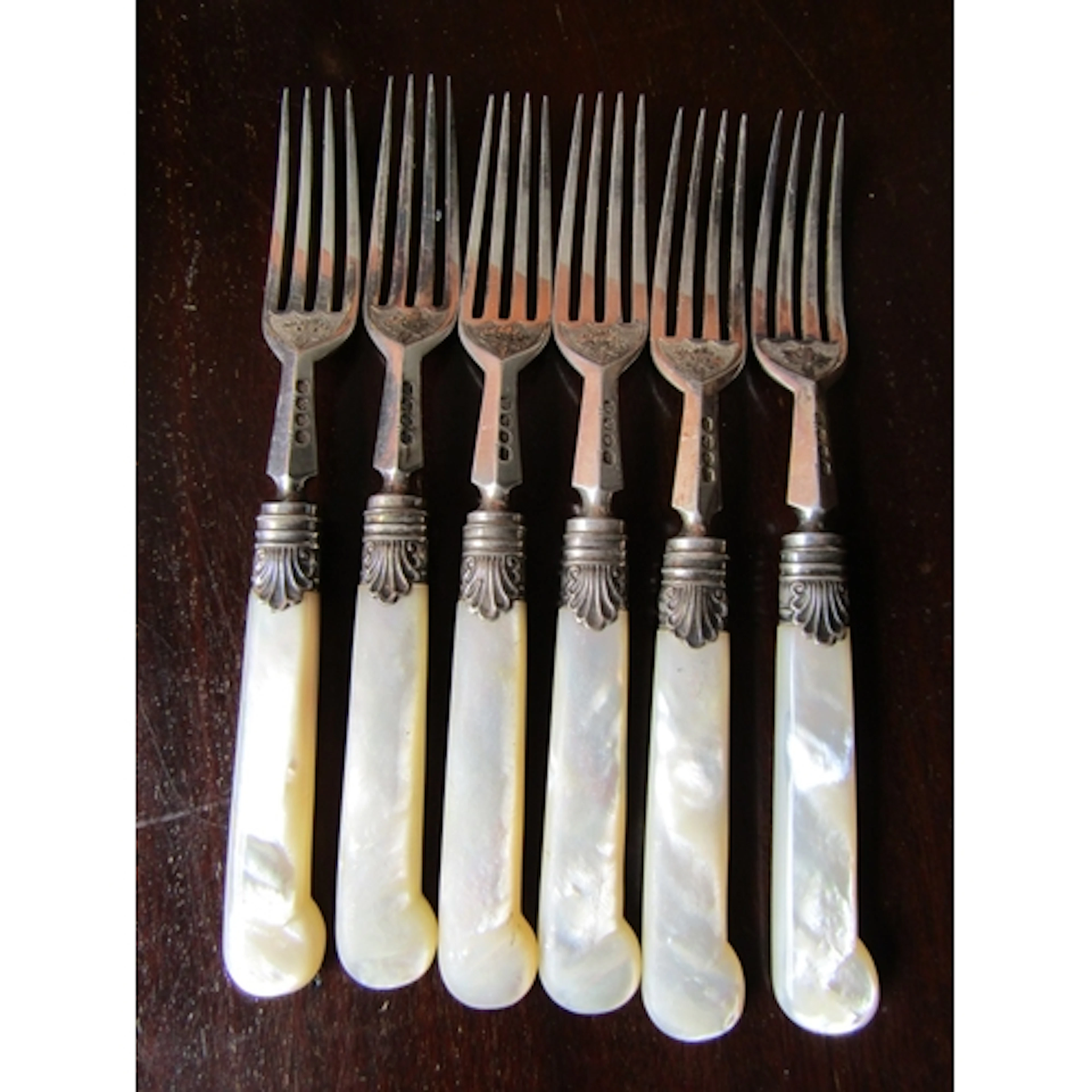 Set of Six Antique Silver Collar Mother of Pearl Dessert For...