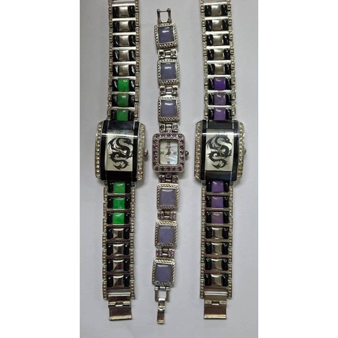 Three ladies fashion watches with inset jade and purple cabo...