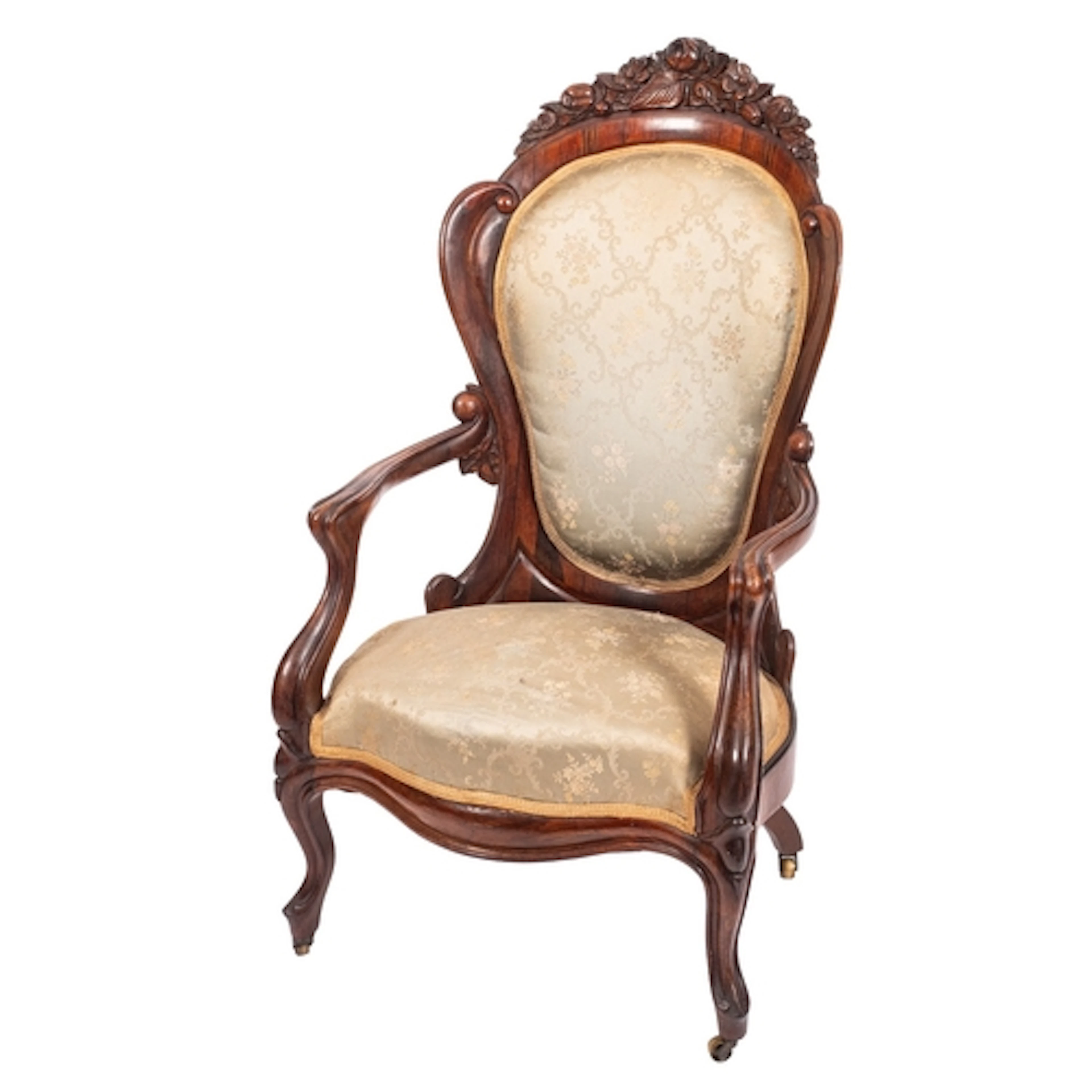A Victorian rosewood and upholstered elbow chair, circa 1870...