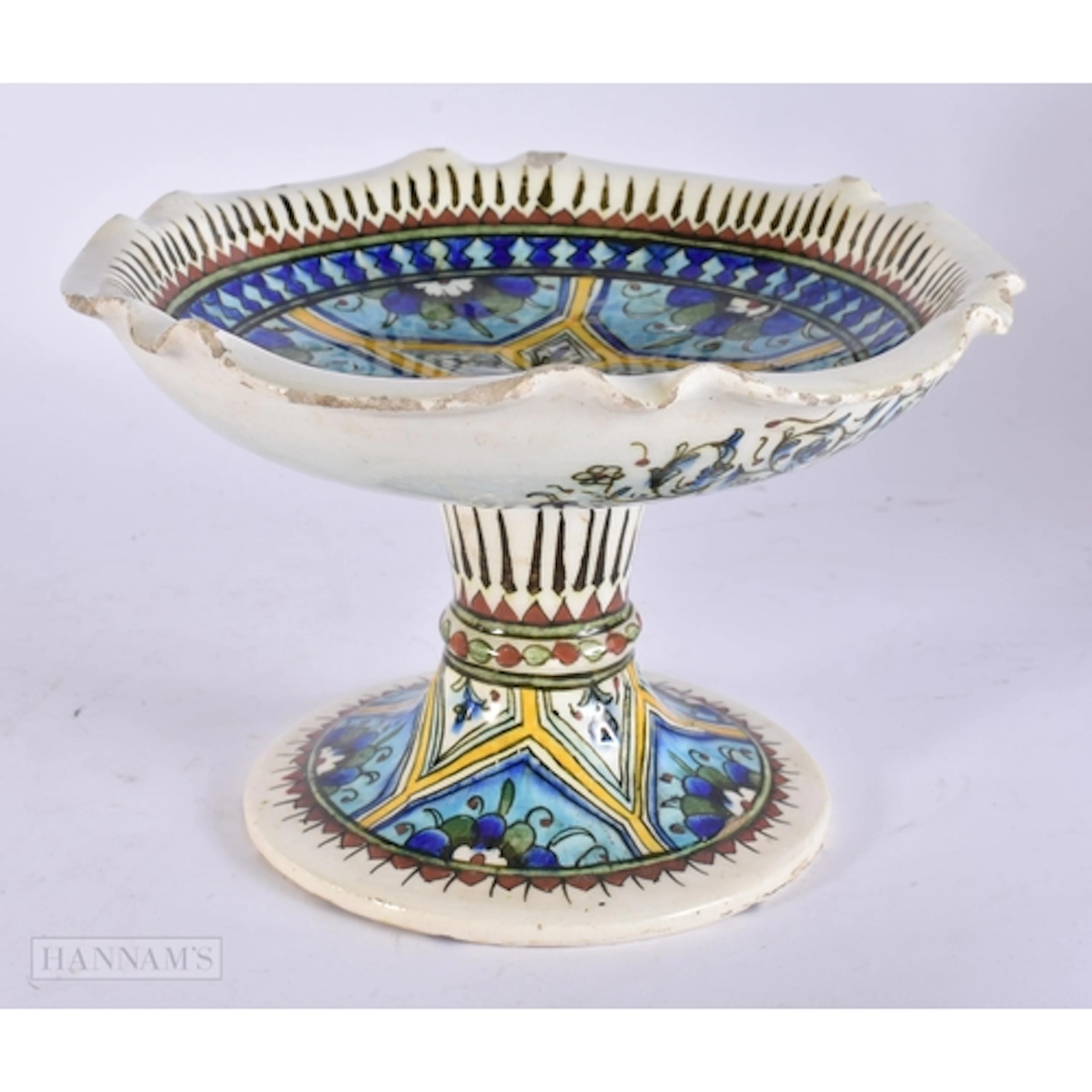 A MIDDLE EASTERN IZNIK STYLE POTTERY PEDESTAL TAZZA. 21 cm w...