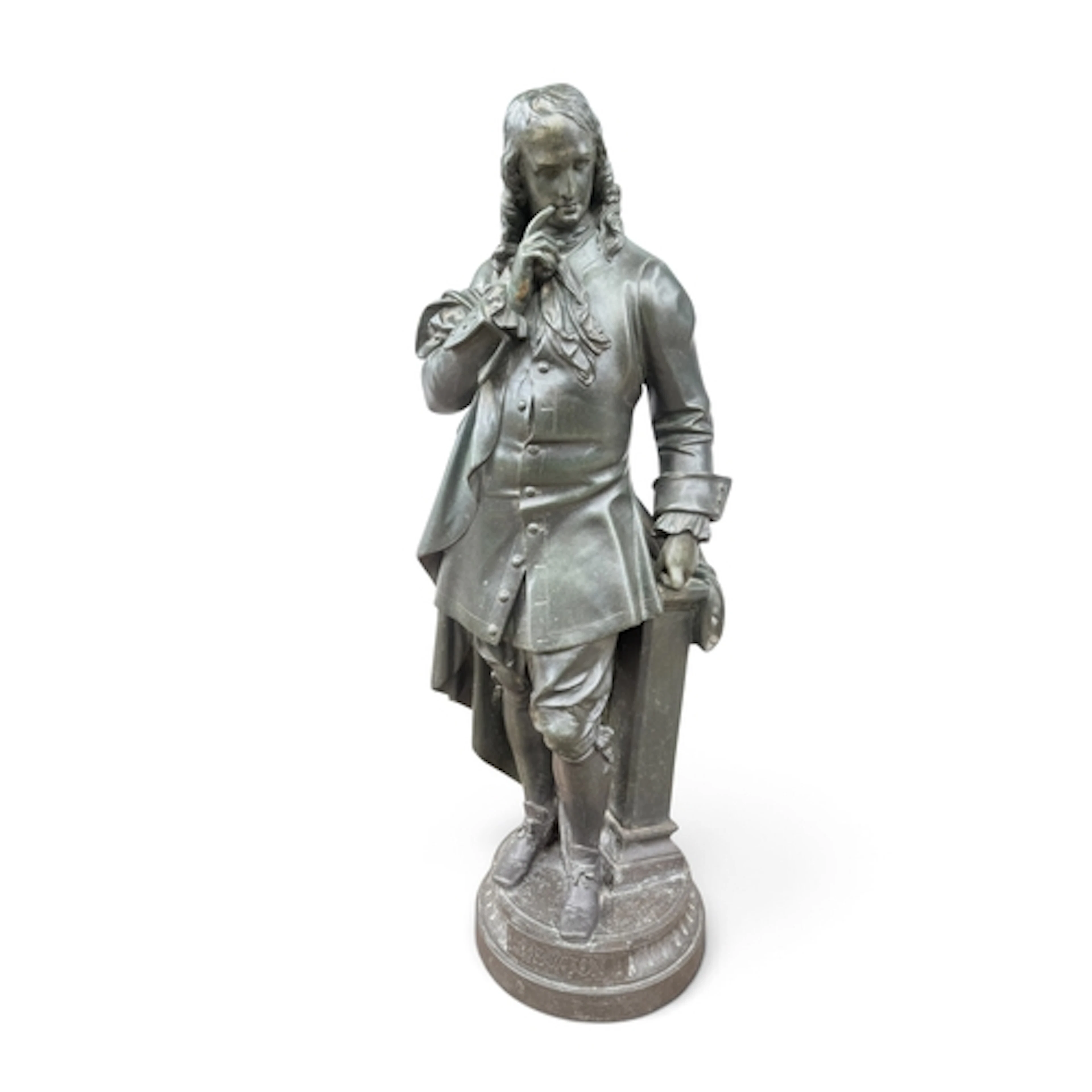 A BRONZE STATUE OF ISAAC NEWTON Standing, one hand resting o...
