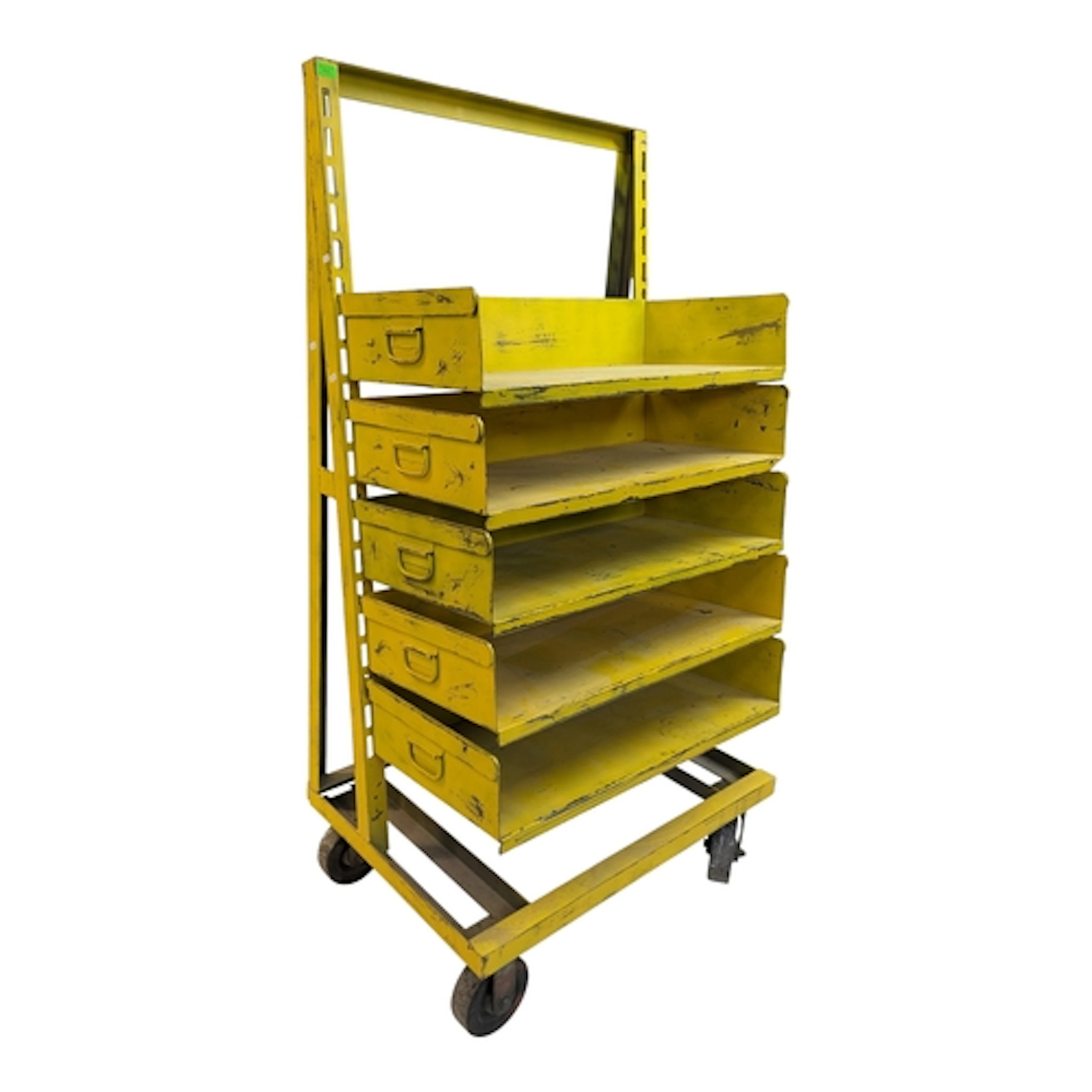 A retro mid 20th century industrial yellow-painted metal sto...