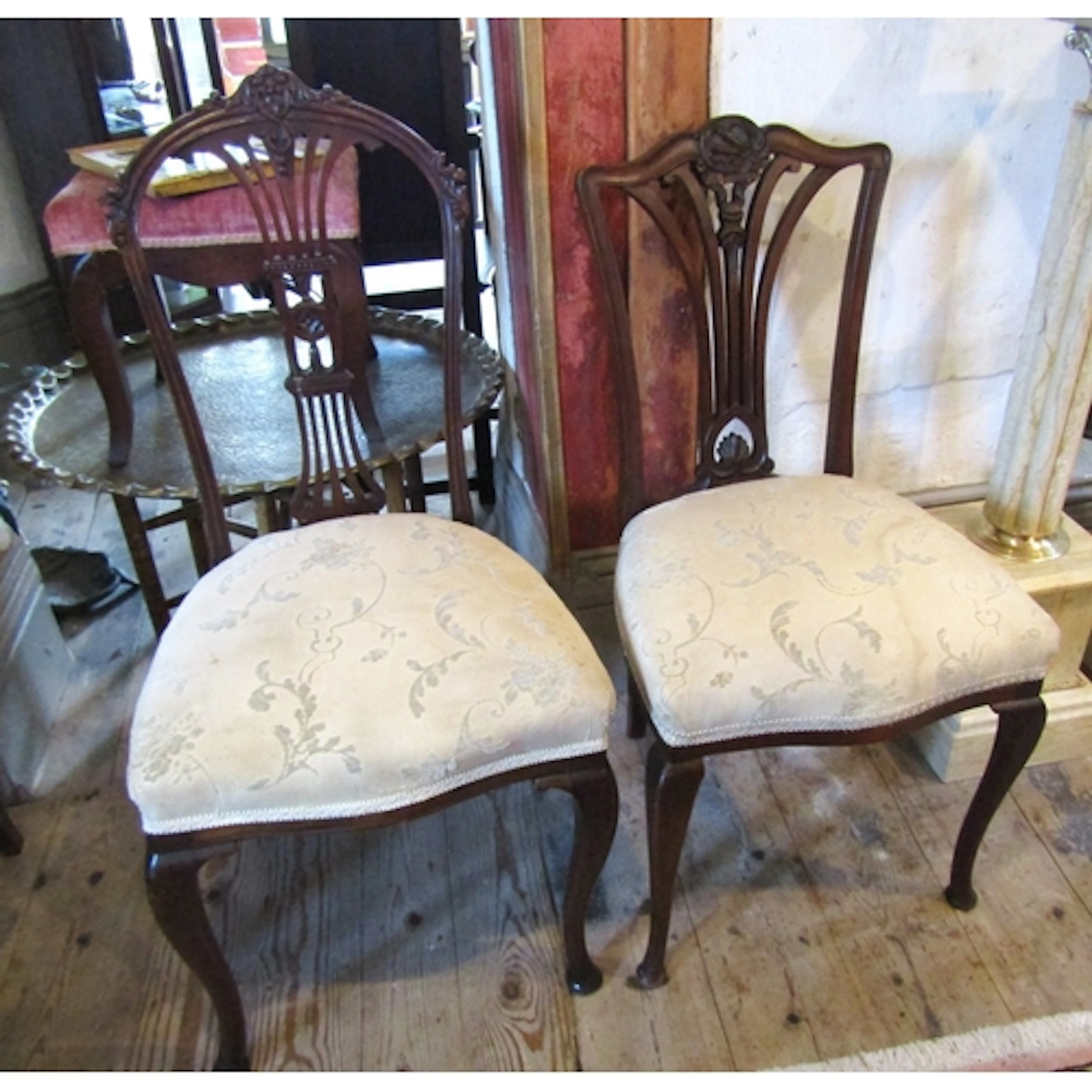 Pair of Antique Mahogany Side Chairs Cream Damask Upholstery...