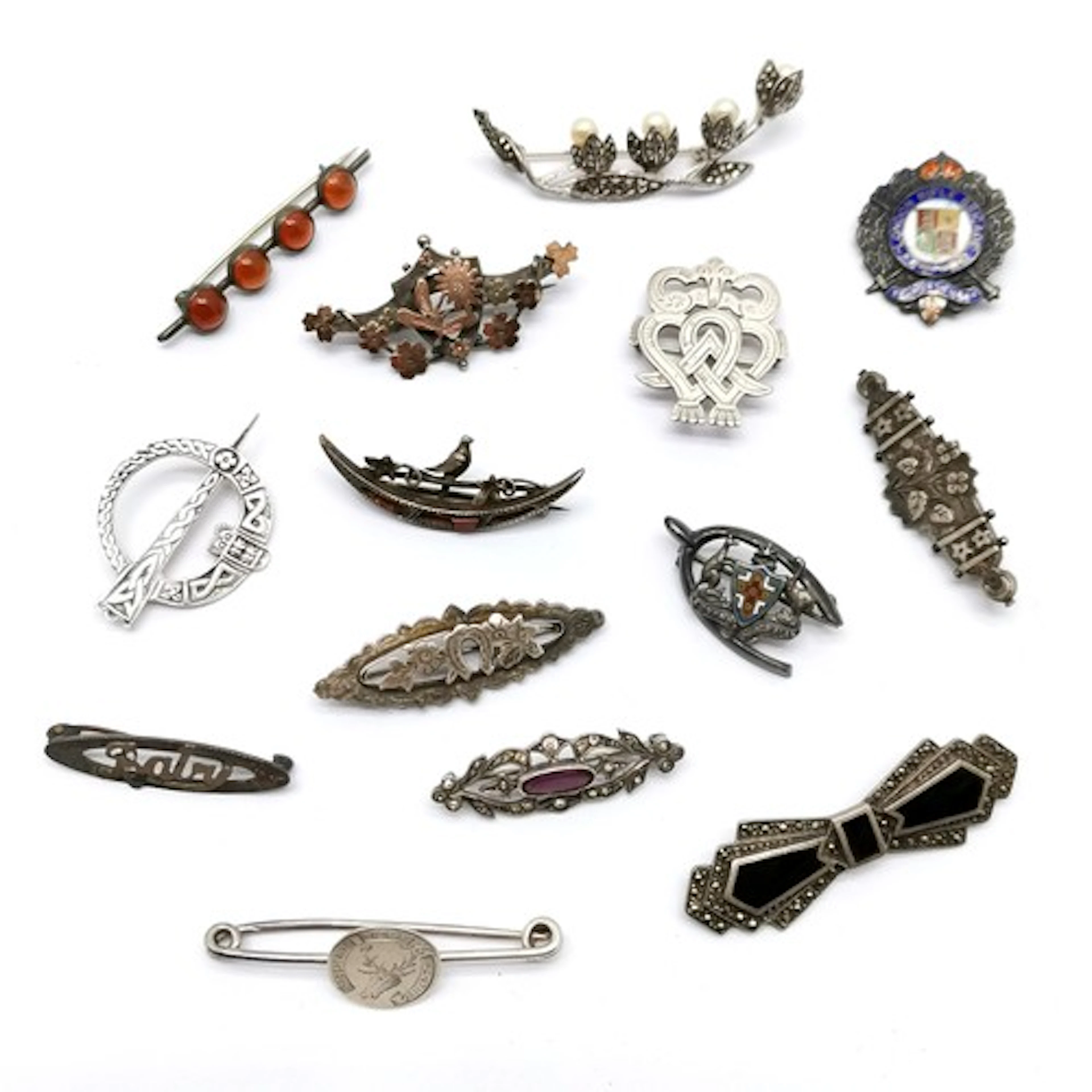 14 x silver brooches inc antique, 'Prosperity to stag huntin...